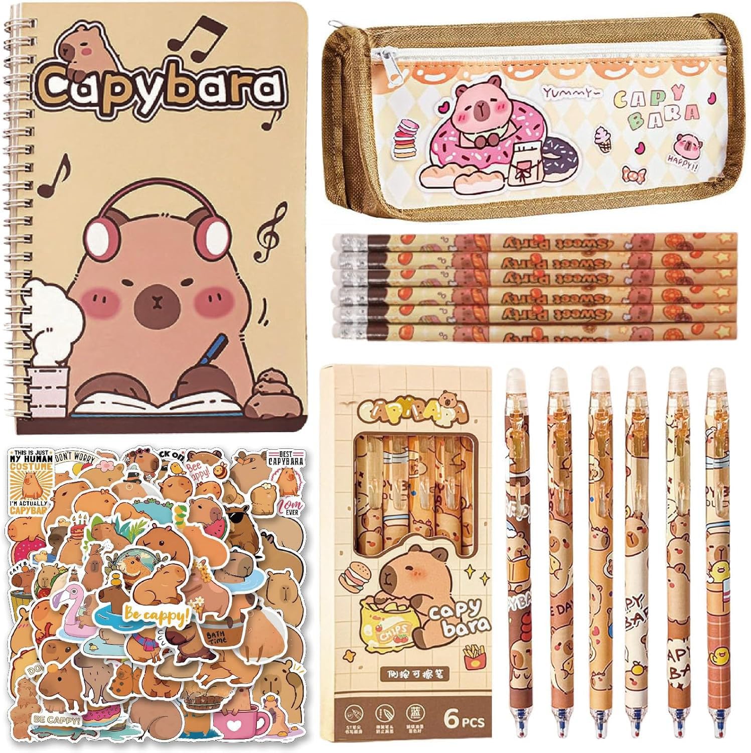 Zestaw przyborów szkolnych 5Capybara Śliczne przybory szkolne, notebooki, ołówek cse, karteczki samoprzylepne, ołówek, długopis cel lnk