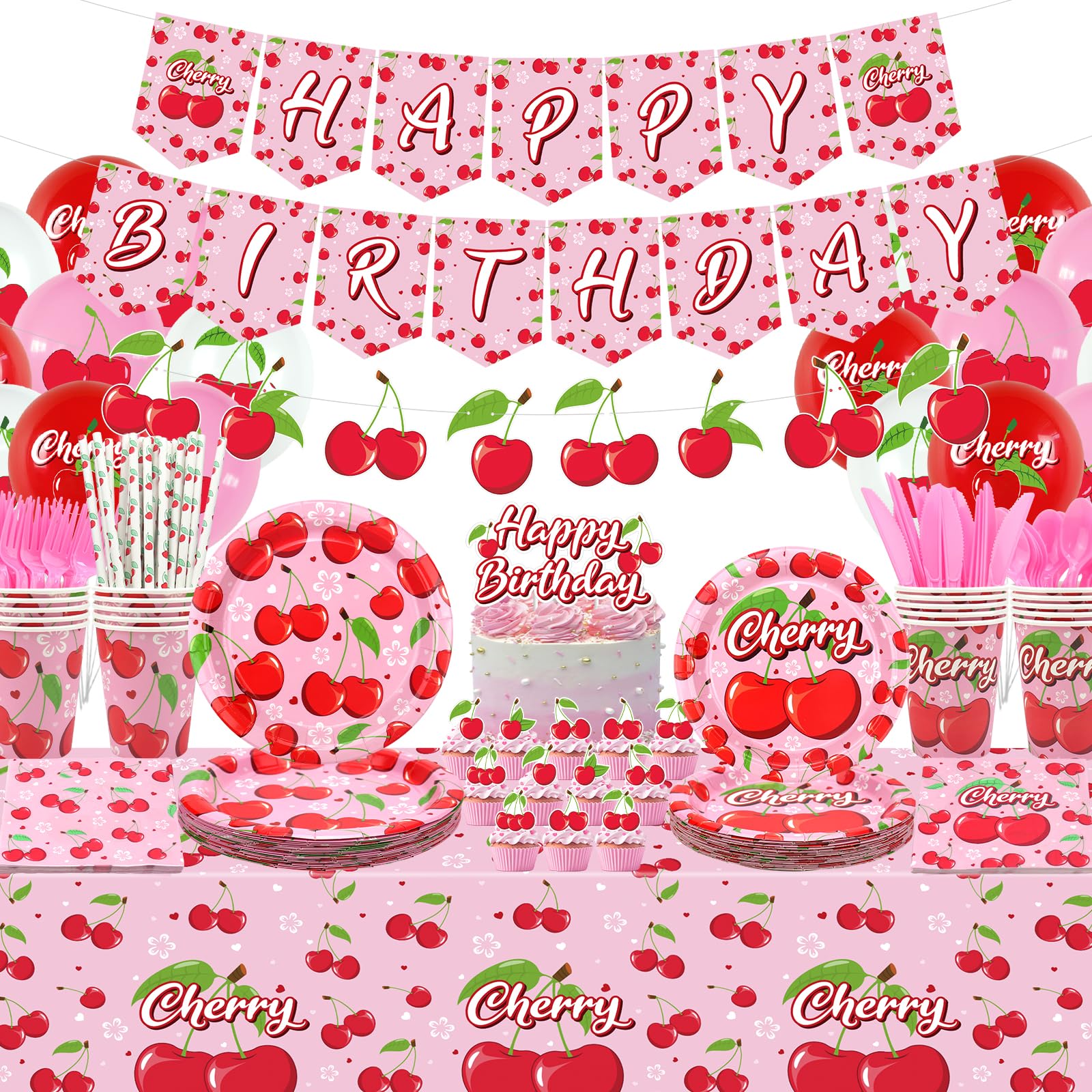 Obussgar Cherry Birthday Party Decorations - Cherry Party Supplies including Banner, Plate, Cake Topper, Cup, Napkin, Balloon, Tablecloth - Serves 20