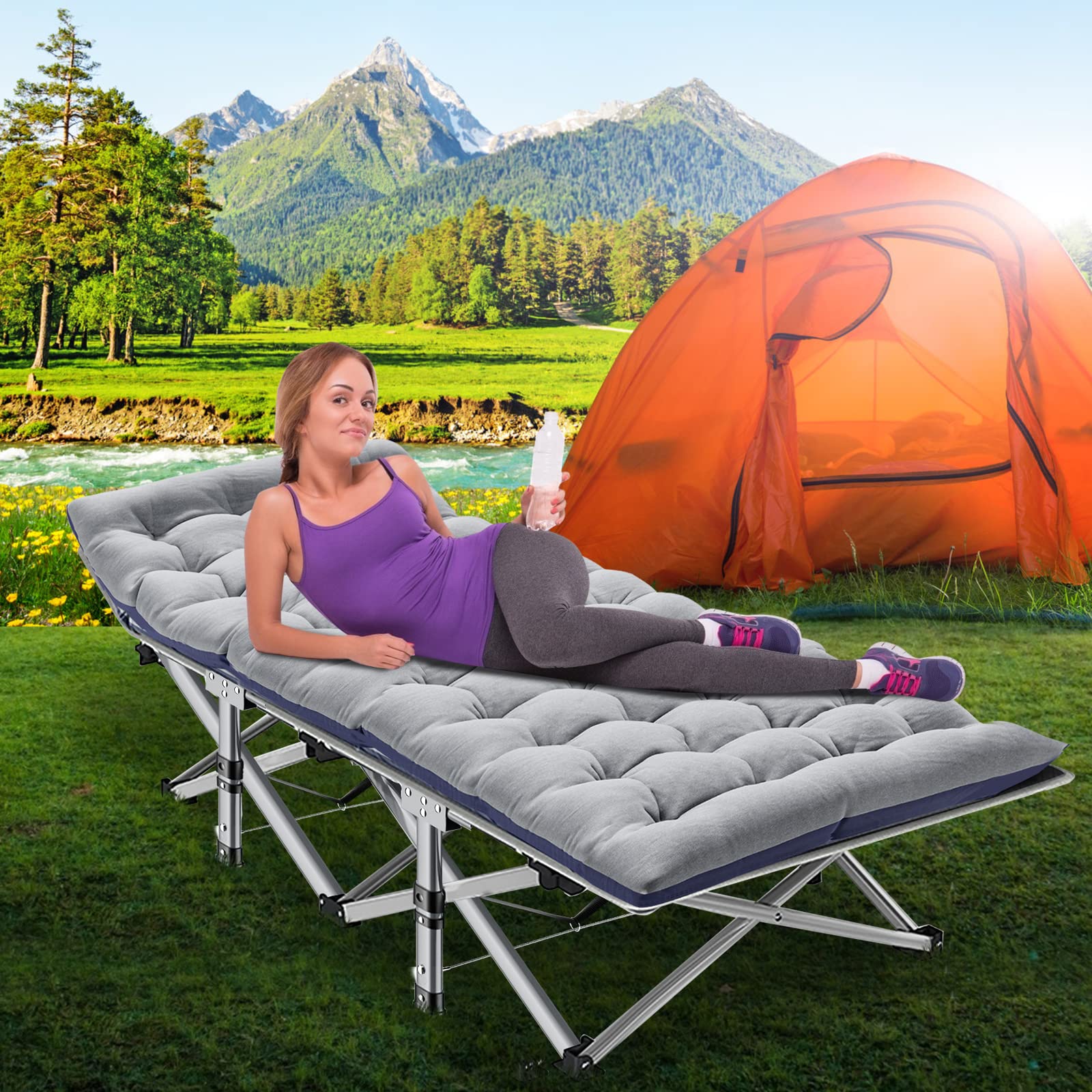 CAMPELLE Folding Camping Cot,Double Layer Oxford Portable Travel Camp Cots,Portable Sleeping Bed Cots for Camp Office Use Outdoor Cot Bed for Traveling