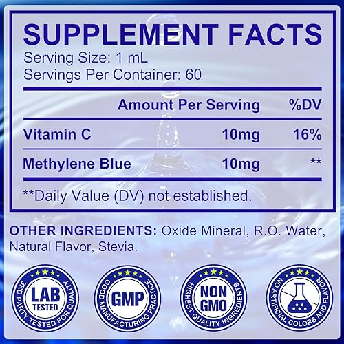 Miniatura 4 de Azul de metileno grado farmacéutico 1%, gotas de azul de metileno probado por terceros, suplemento dietético de salud cerebral, metileno azul de