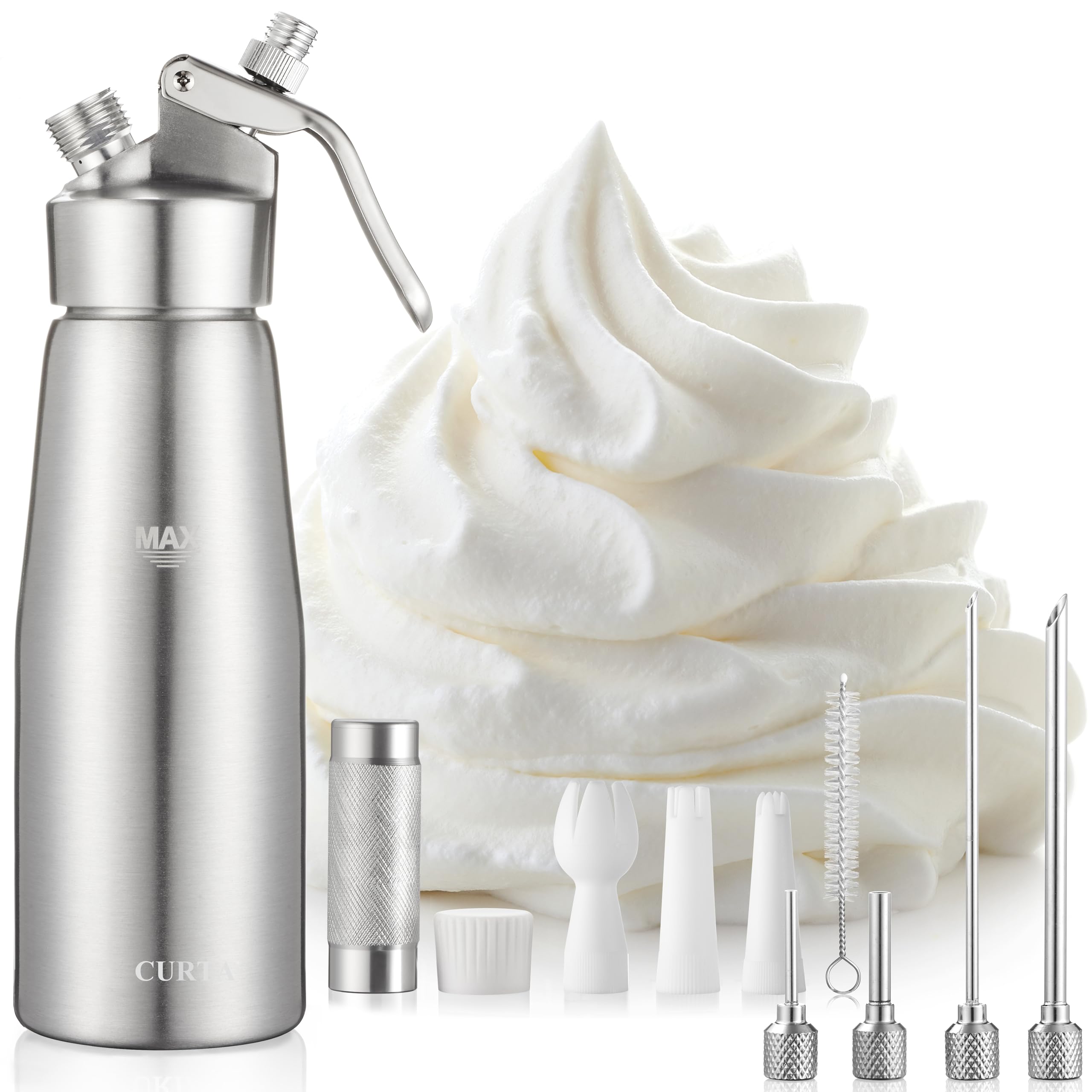 CURTA Professional Whipped Cream Dispenser, Premium Aluminum Cream Whipper Set with 4 Injector Tips, 3 Decorating Tips 500ml / 1 Pint Canister, N2O Chargers Not Included …