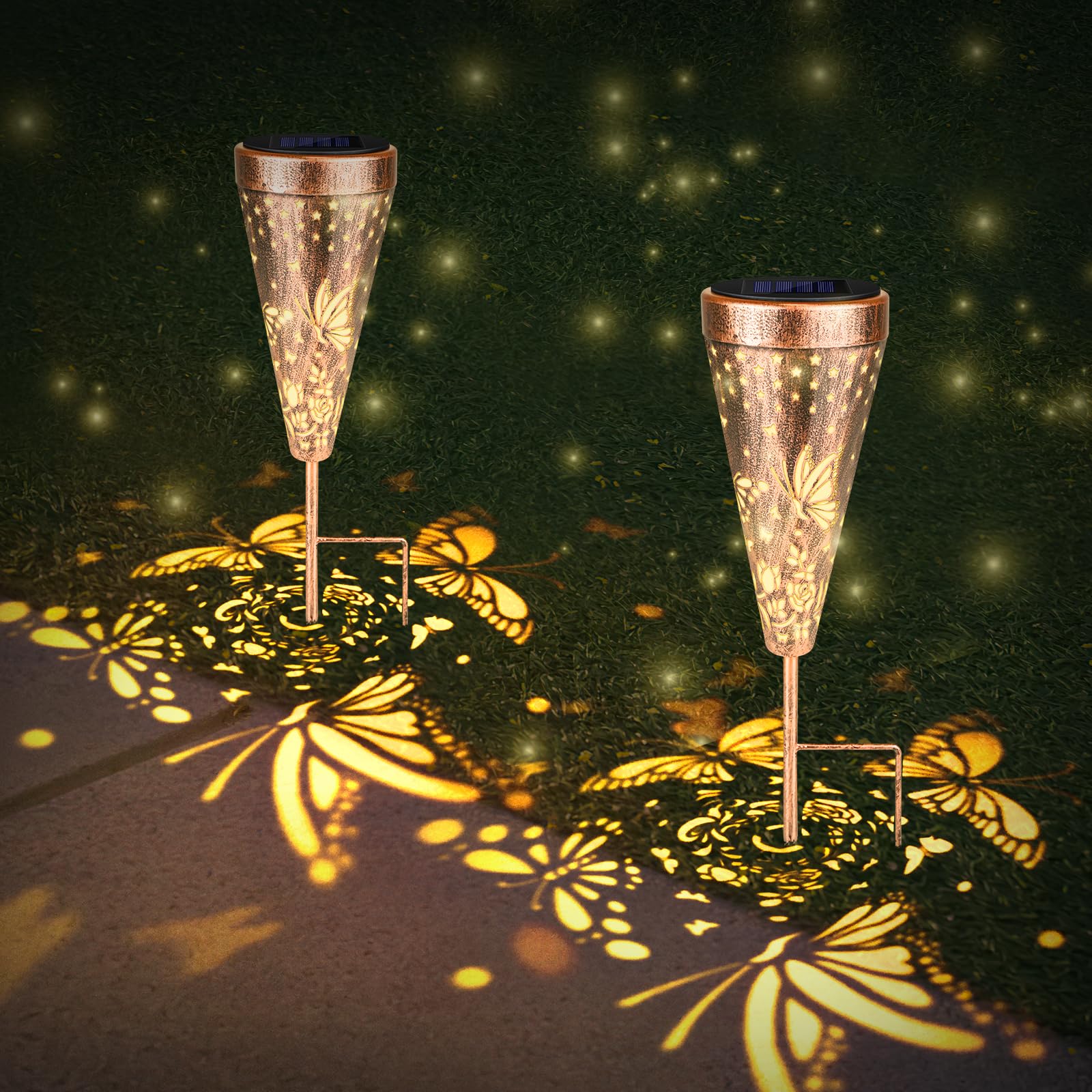 Solar Lights Outdoor Garden Ornaments - 2 Pack Butterfly Solar Powered Pathway Lights Waterproof, Metal Solar LED Stake Light with Auto On/Off for Yard Patio Walkway Landscapes Lawn Grave Decorative