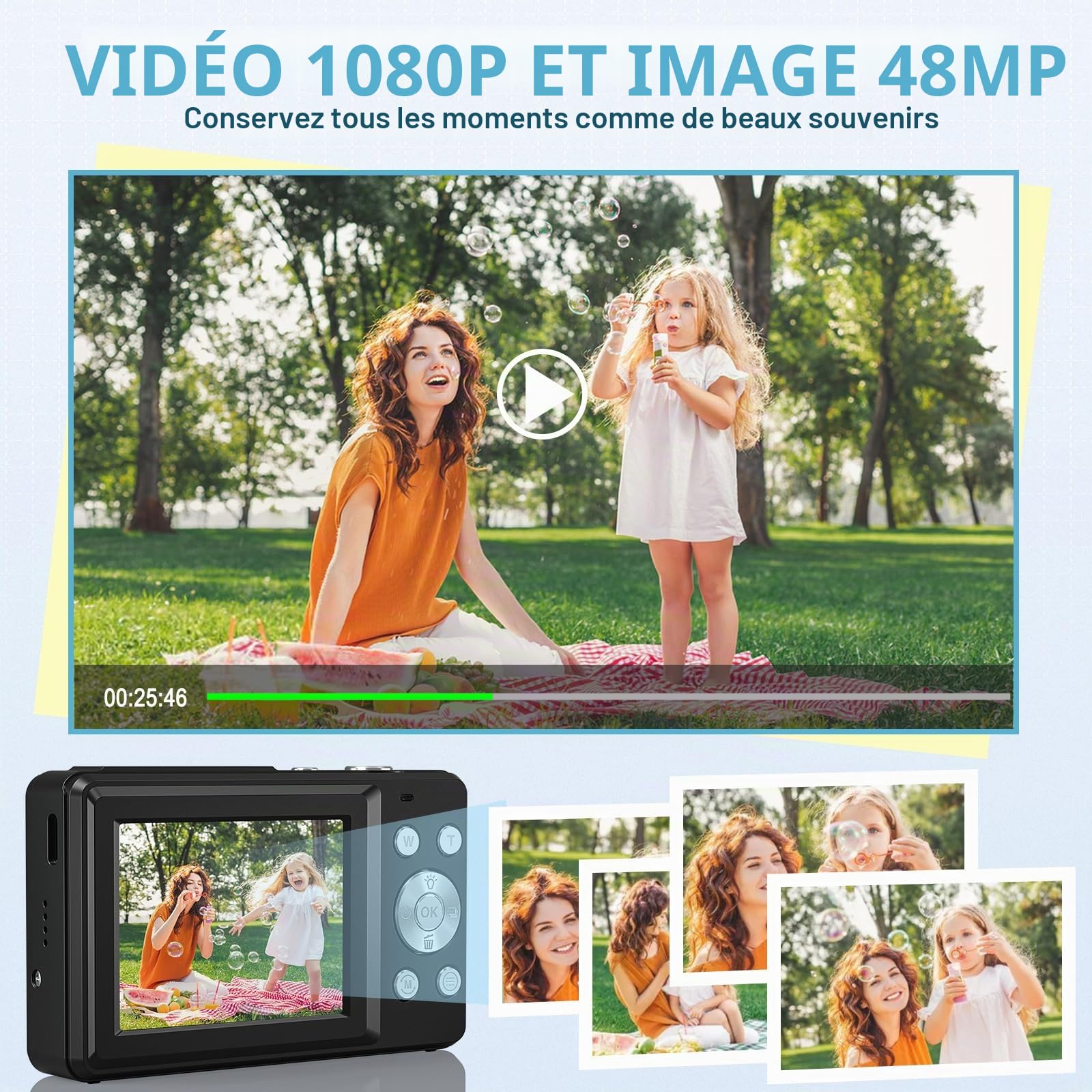 Appareil Photo Numérique 1080P 44MP Caméra Numérique avec 2.4" LCD Écran LED Lumière et 16X Zoom Numérique Rechargeable Appareil Photo Numérique Compacte pour Enfant Jeune Débutant