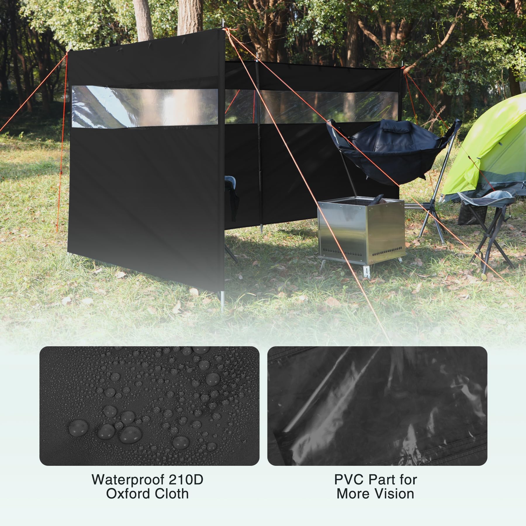 REDCAMP Paravento per campeggio, resistente spiaggia frangivista con finestrella e barre in acciaio, per esterni, per caravan, giardino, barbecue, picnic e falò, colore nero
