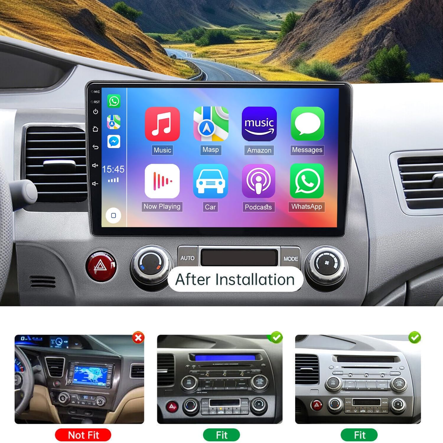 4+64G 10.1" Double Din Car Radio Stereo for Honda Civic 2006 2007 2008 2009 2010 2011 Android 13 with Wireless & Wired Carplay Android Auto Touch Screen Car Radio GPS Navigation/WiFi/SWC/Backup Camera