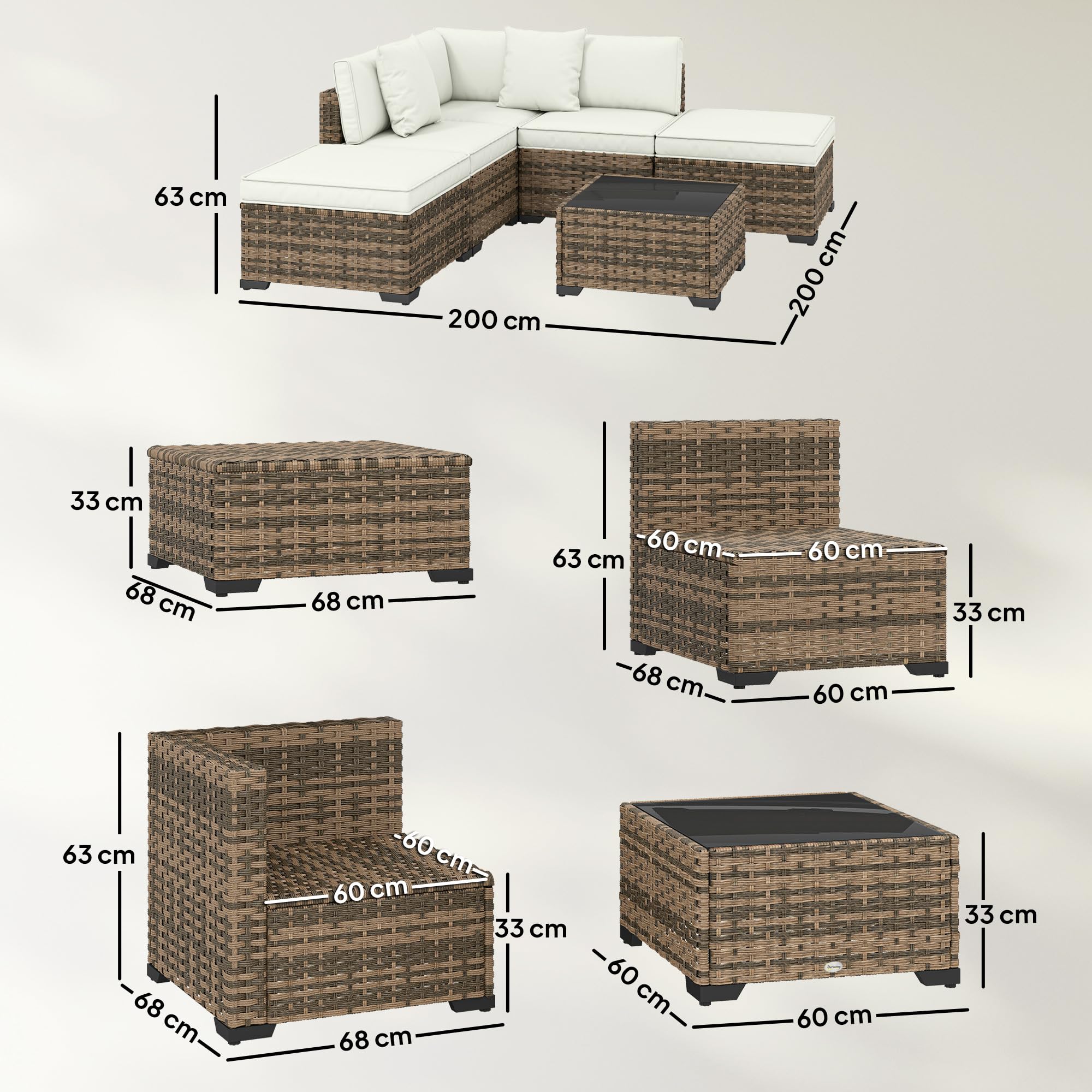 Outsunny Salon de jardin extérieur d'angle 5 places modulable en résine tressée avec canapés, repose-pieds, table basse en verre trempé et coussins, mobilier de jardin, terrasse, patio, crème et jaune