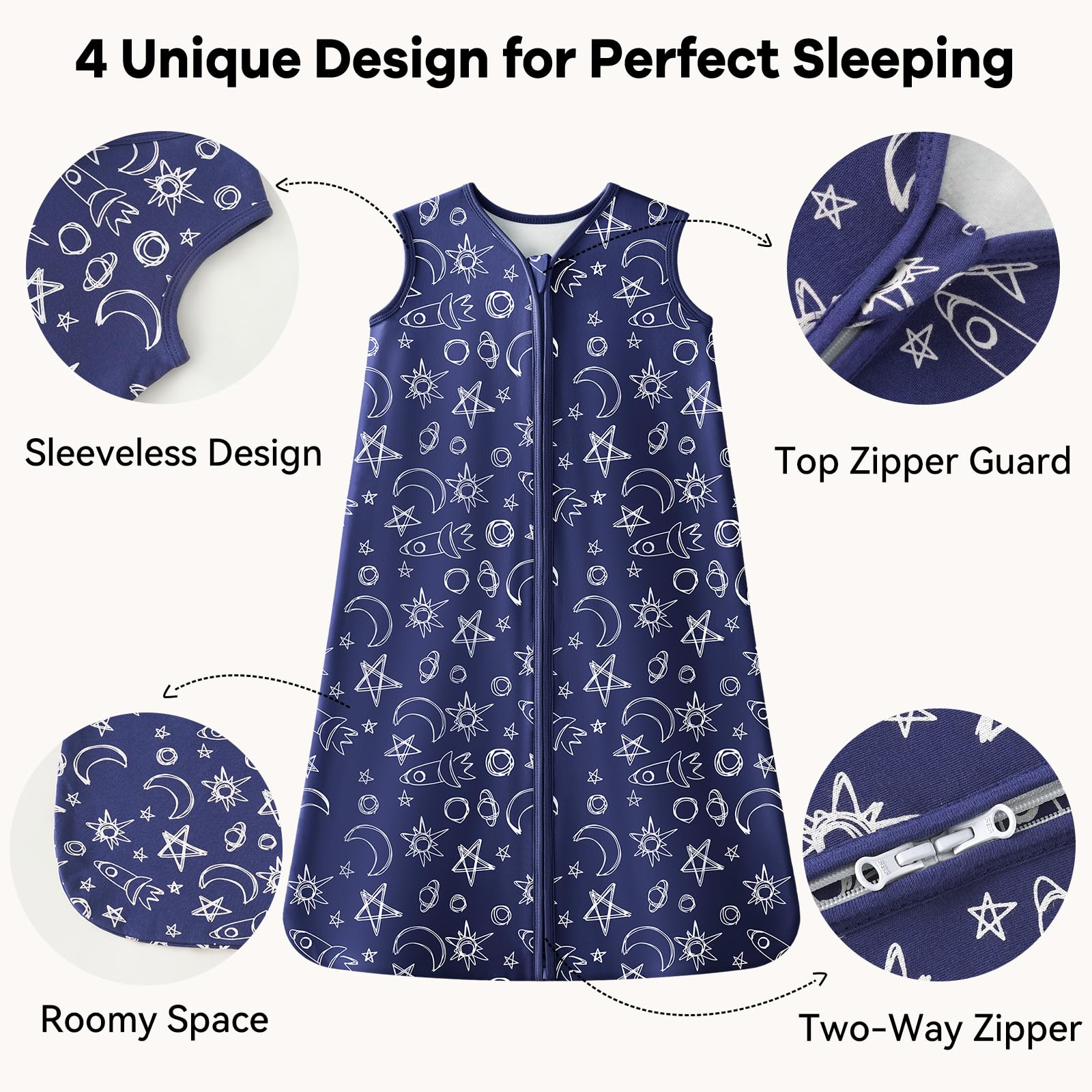Unnivoll Gigoteuse pour bébé 1,0 tog 18-36 mois 100 % coton sac de couchage couverture portable avec fermeture éclair à 2 voies pour nouveau-né bébé tout-petit lune bleue