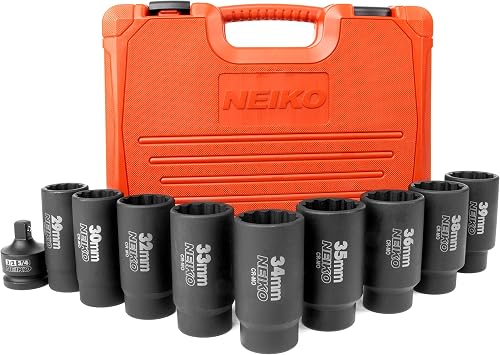 NEIKO 02531A 10 Piece 12 Point Socket Set 1/2 Drive, Lug Nut Remover, Spindle Nut Socket, Axle Nut Socket Set, Metric 29-39mm Socket 1/2 Drive Impact Set, Cr-Mo Impact Adapter, 3/4 -1/2 Reducer