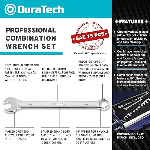 Miniatura 3 de DURATECH Juego de llaves combinadas de 15 piezas, 14 pulgadas a 1-116 pulgadas y 5 piezas de llaves combinadas de patrón largo, 1" a 1-14", CRV, con