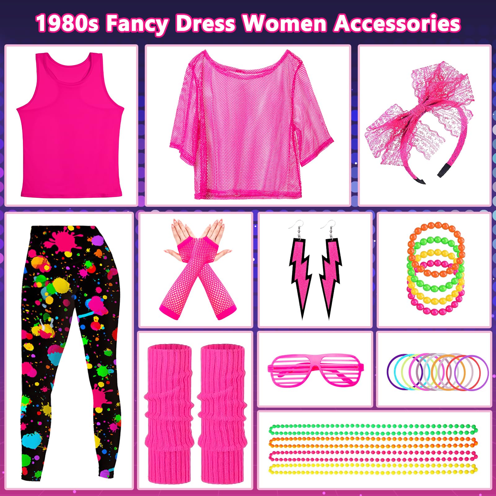Disfraz Años 80 Mujer, Disfraz Gimnasta Años 80 90 mujer, 26 Accesorios de Disfraz de Los 90, Encaje de Pendientes ​Fishnet Guantes Collar Pulsera Juego de Fiesta de Cosplay Retro