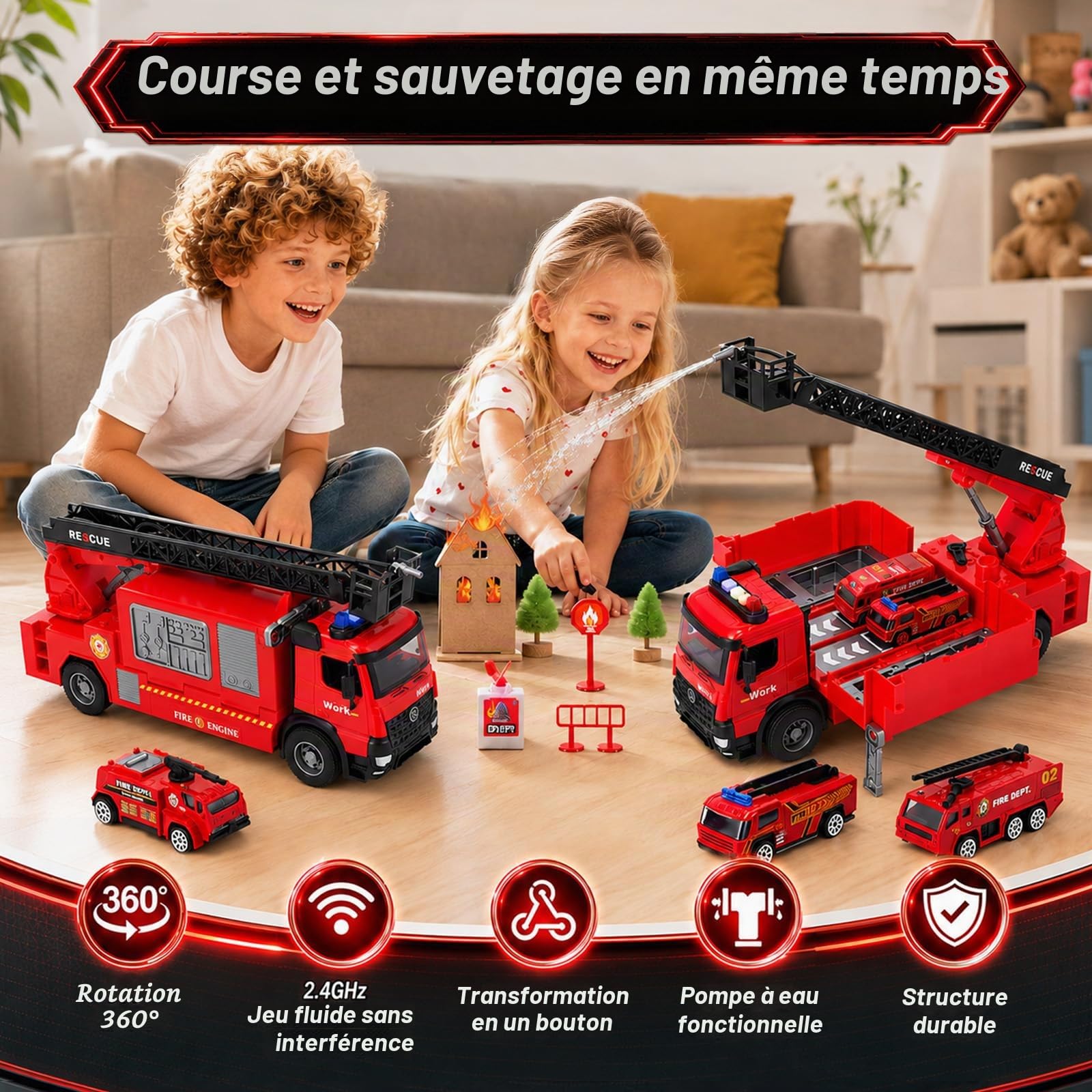 Camion de Pompier, Véhicule de Pompier Transformable Échelle, Son & Lumière