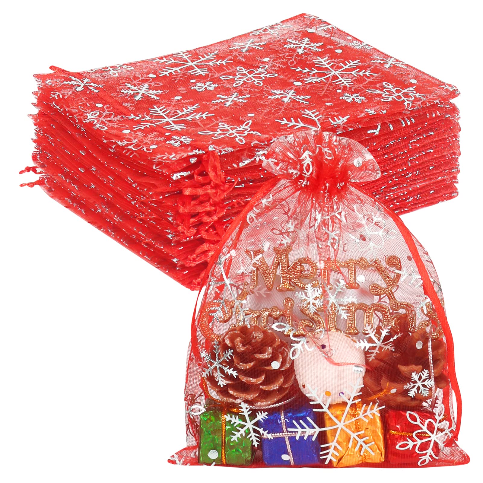 HRX Package 100pcs Snowflake Organza Bags Christmas 5x7 inch, Red  Drawstring Mesh Gift Pouches for Jewelry Candy Party Favor