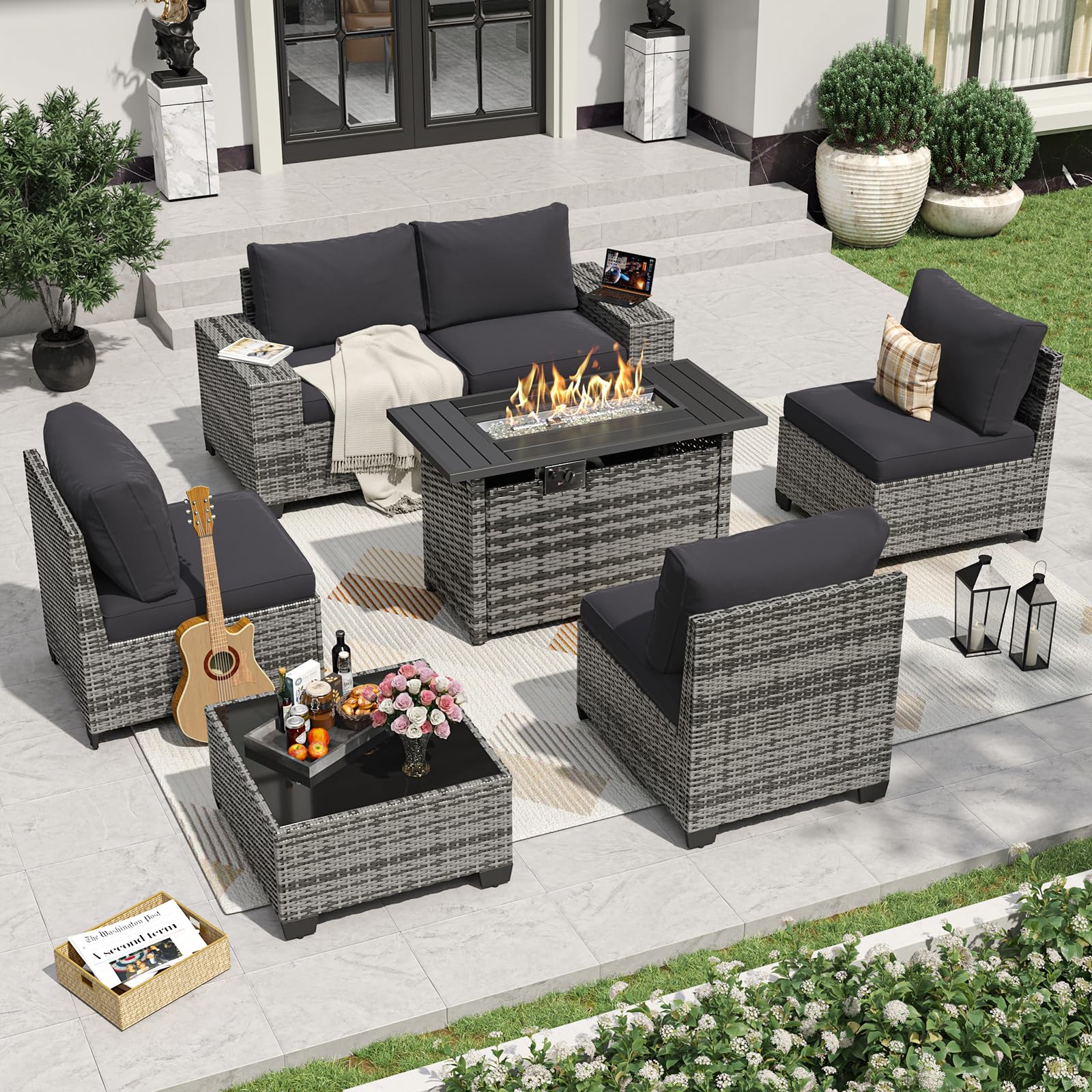 Aoxun 7 Pieces Patio Furniture Set with 44” Fire Pit Table Wicker Rattan Outdoor Sectional Conversation Set with Coffee Table and 4” Thickened
