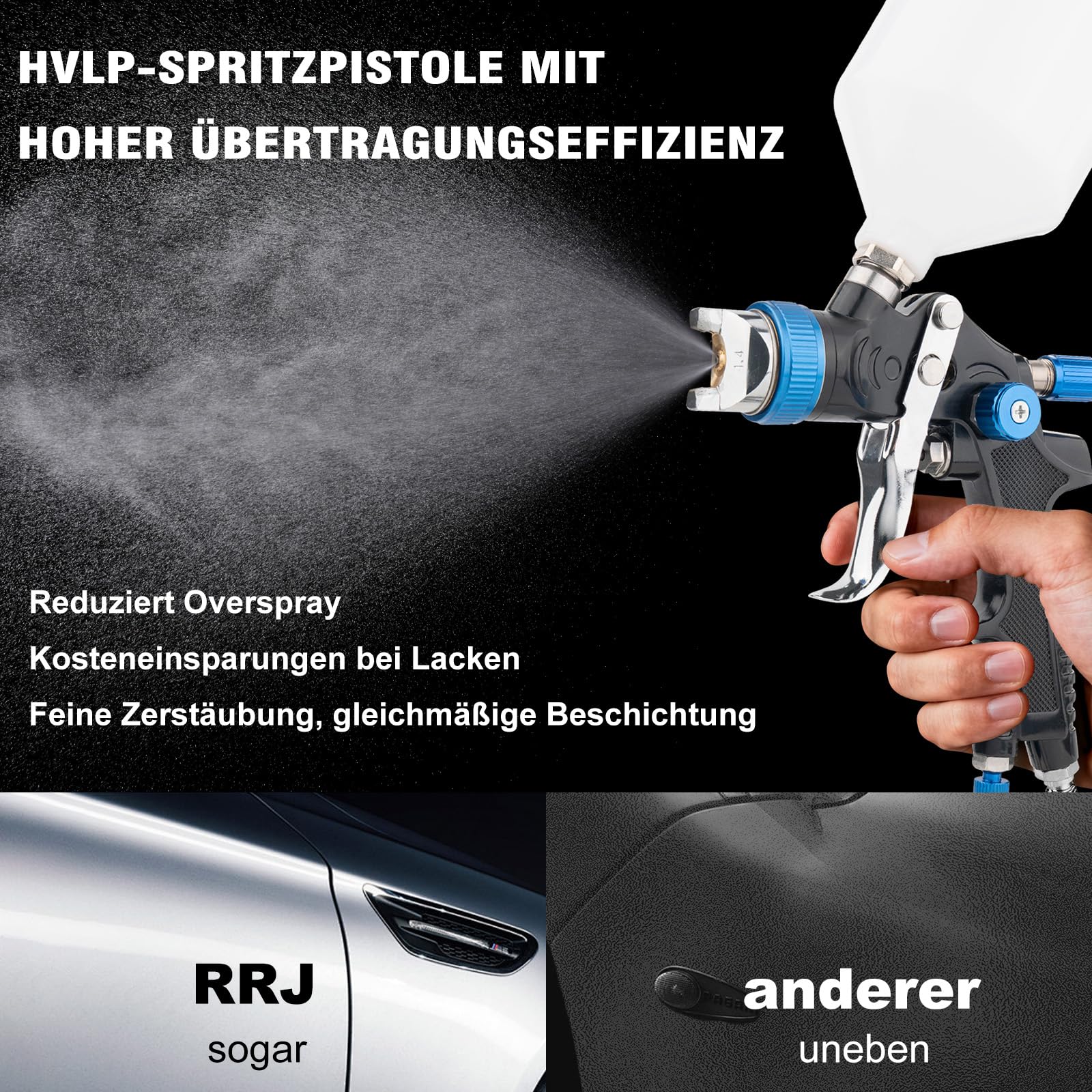HVLP pistolet natryskowy z 3 dyszami – 1,4/1,7/2,5 mm, profesjonalny pistolet do lakierowania, sprężone powietrze grawitacyjne, z plastikowym kubkiem o pojemności 600 ml, z regulatorem ciśnienia