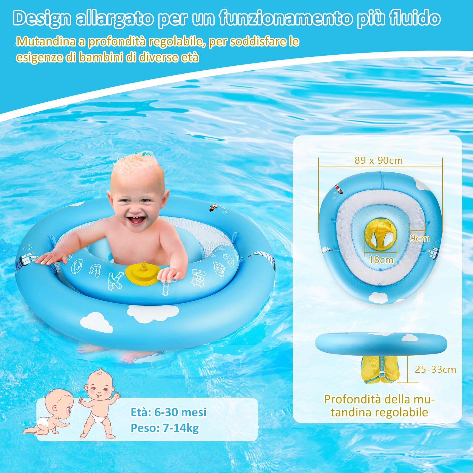 MYCARBON Salvagente Neonato 6 Mesi – 30 Mesi con Parasole Mutandina Regolabile Salvagente Bambini con Pompetta Galleggiante Ciambella per Mare Piscina