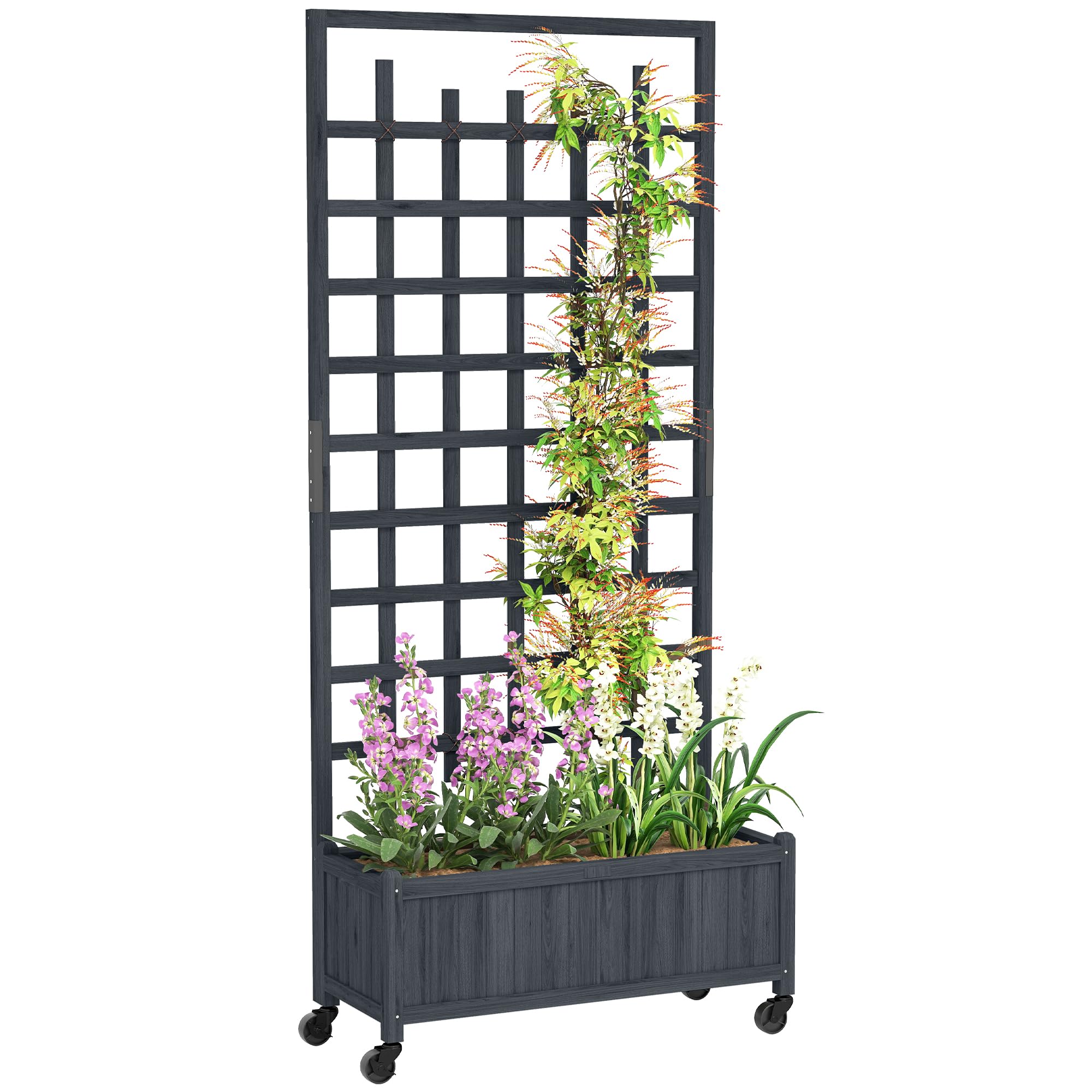 Outsunny Unisex Grey Wooden Trellis Planter, Raised Garden Bed With Wheels,