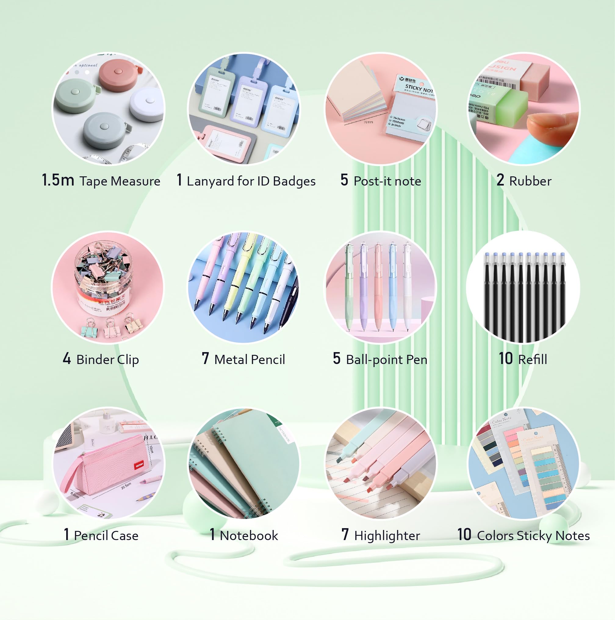 Morandi Color - Set di 45 articoli scolastici con quaderno, penne a sfera a inchiostro gel, astuccio, porta badge identificativo, penne fluorescenti, matita, gomme, clip, metro a nastro
