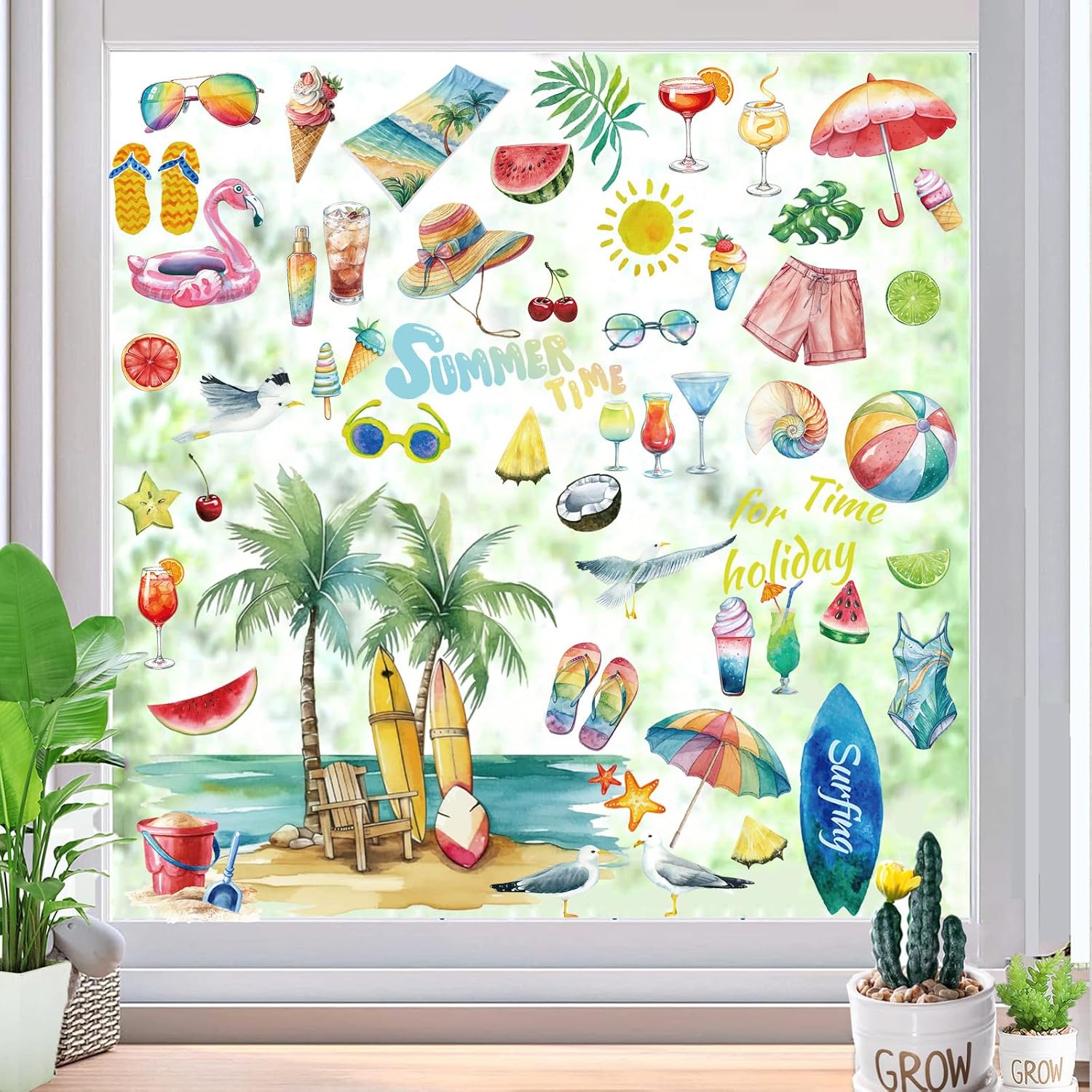 Summer Window Clings Beach Static Window Decals 9 Sheets Tropical Hawaiian Theme with Palm Trees Surfing Watermelon Sunglasses and Ice Cream