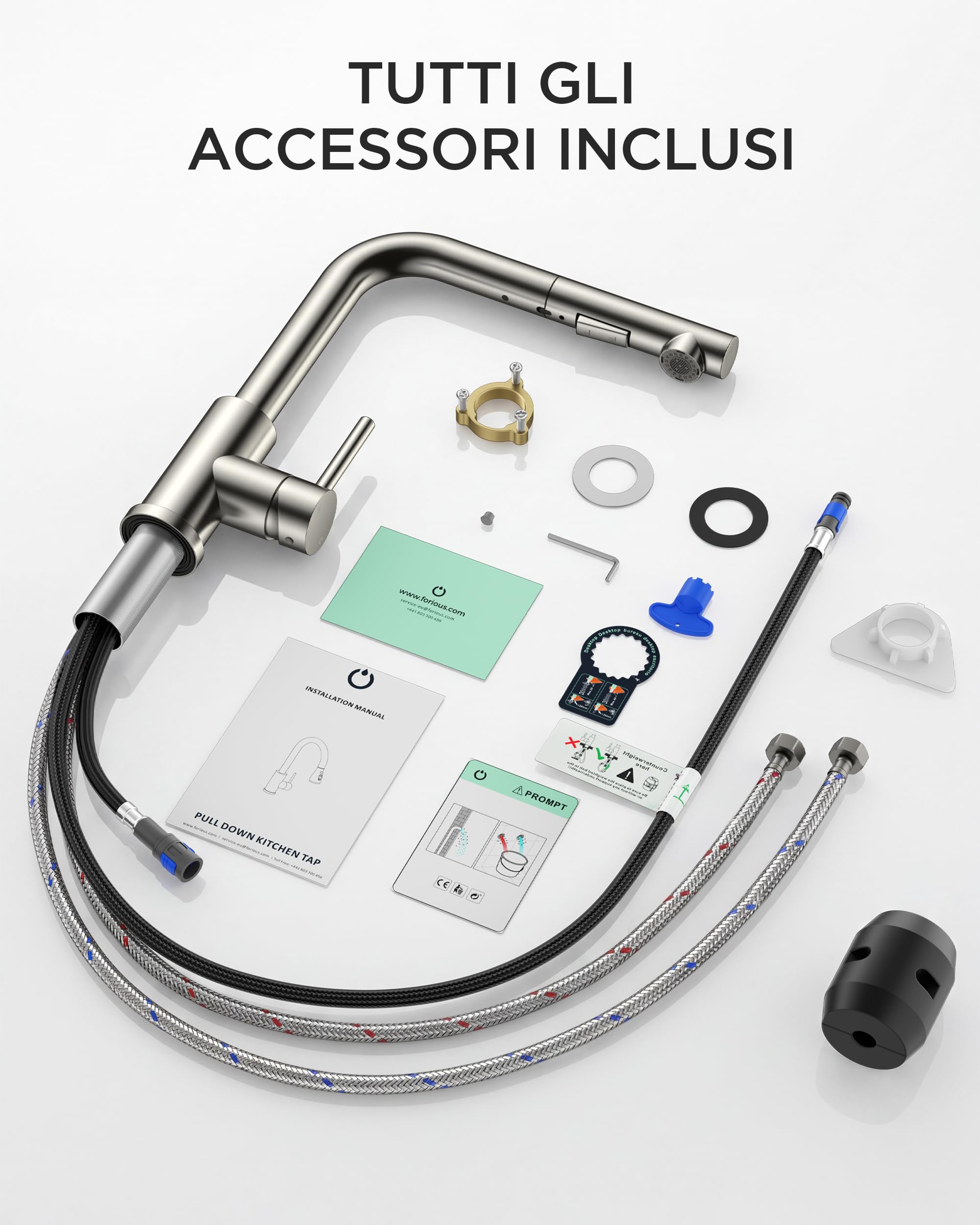 FORIOUS Rubinetto Lavello Cucina, Miscelatore Cucina con Doccetta Estraibile, 2 Tipi di getto e Girevole a 360°, A forma di L Acciaio Inox Maniglia Singola Rubinetto Miscelatore