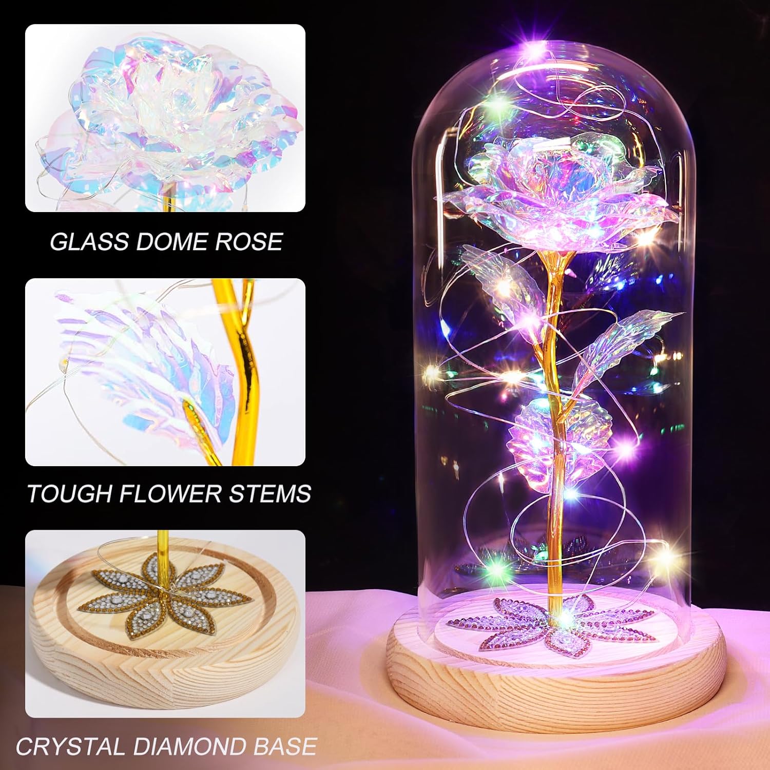 Valentines Day Rose Gifts for Her, Galaxy Glass Rose Forever Preserved Flowers for Delivery Prime Rose in Glass Dome, Birthday Valentine's Day Gifts for Women Mom Girlfriend Wife Daughter Colorful - Image 3