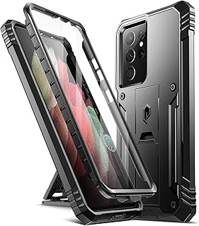 Poetic Revolution Case for Samsung Galaxy S21 Ultra 5G 6.8 inch, Built-in Screen Protector Work with Fingerprint ID, Full Body Rugged Shockproof Protective Cover Case with Kickstand, Black