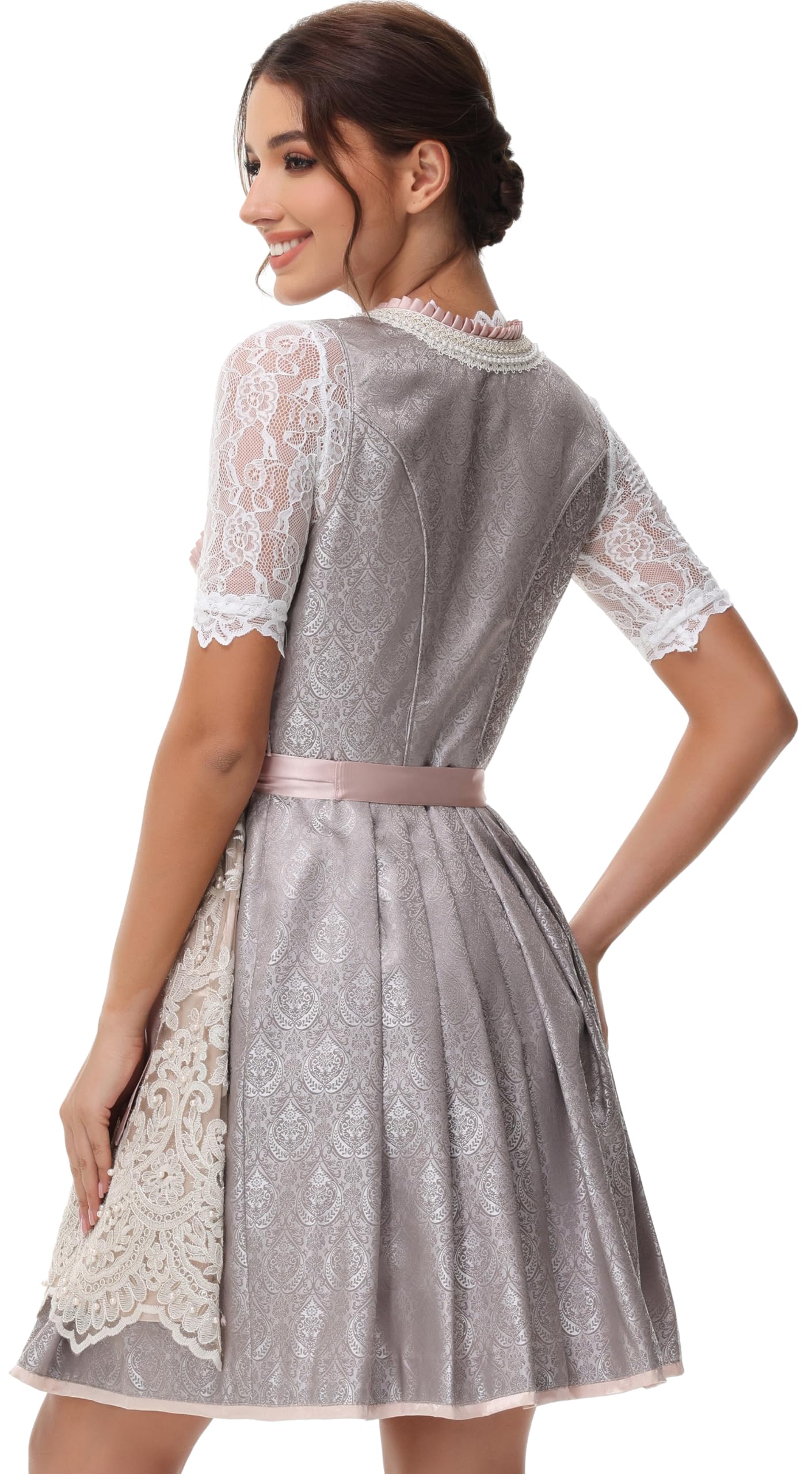 ELFIN Damska sukienka midi Dirndl elegancka sukienka do stroju ludowego sukienka ludowa moda na Oktoberfest wraz z koronką fartuch Dirndl rozm. 34-46 - 50 cm