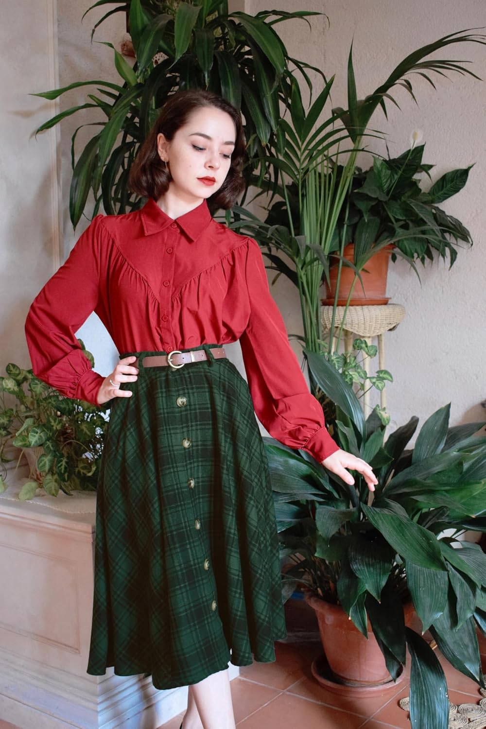 Belle Poque Women's Plaid A-line Skirt Vintage Pleated Flared Midi Skirts Fall Winter Skirts with Pockets & Belts - Image 3