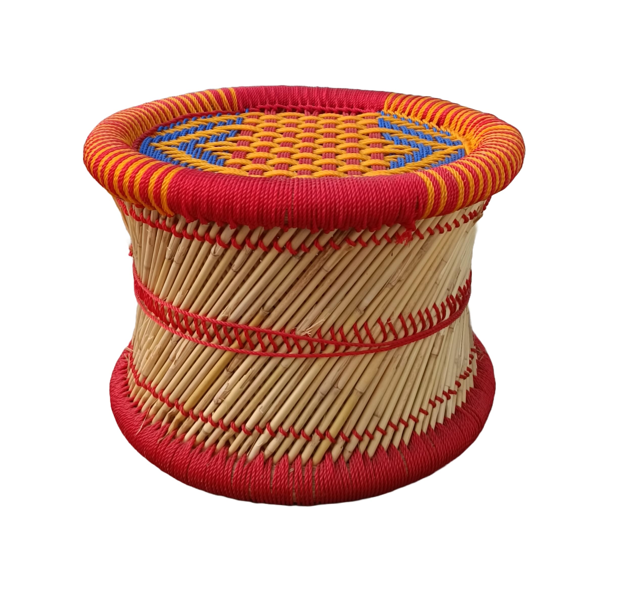eGharonda Handmade Cane Wood Bamboo (SARKANDA) Muddi Stool for Outdoor and Indoor | Red & Blue Multi (Set of 1) 10x12 Inches-image-32