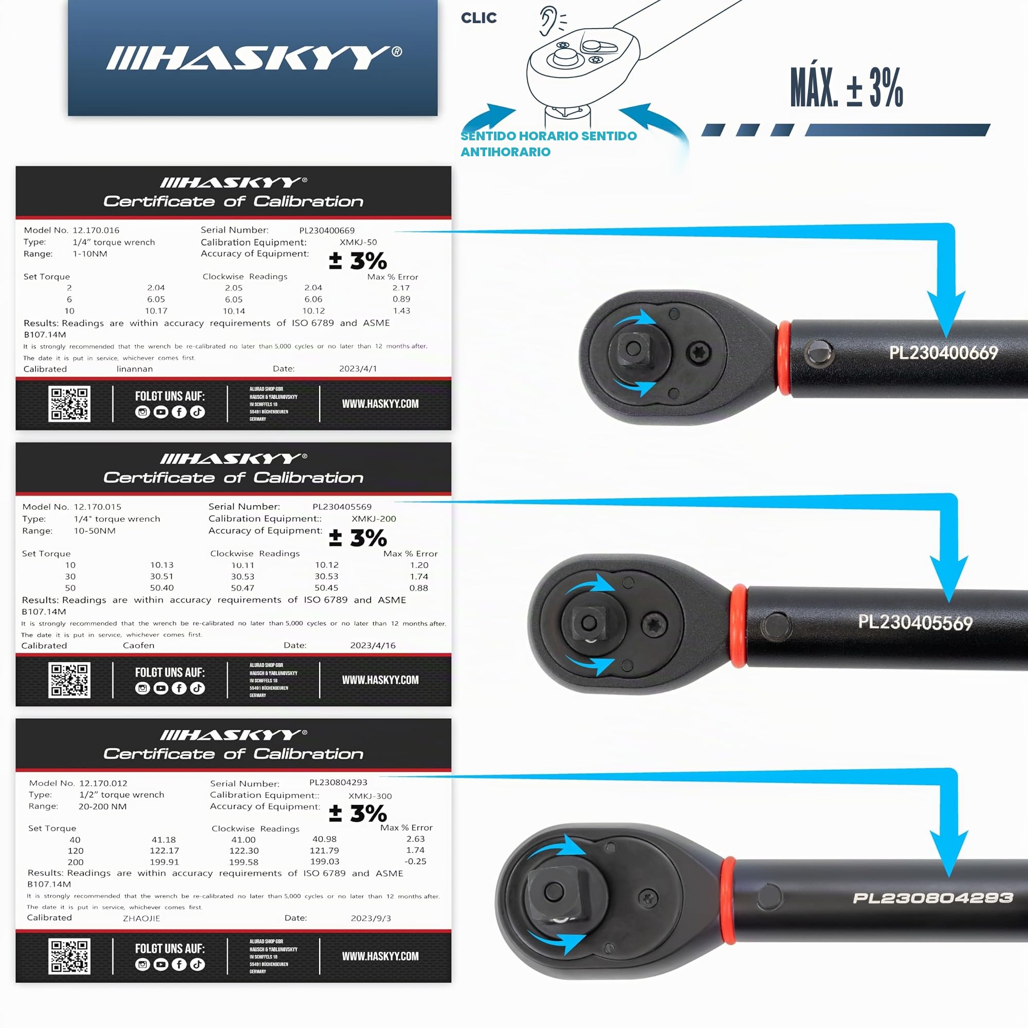 HASKYY Llaves Dinamométrica Set 1/4" 1/2" 1-10 Nm 10-50 Nm 20-200 Nm 3 piezas bicicleta moto motor coche industria coche llaves de torsión