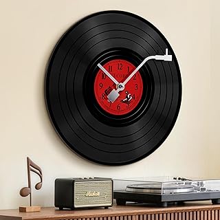 12 Inch Vinyl Record Wall Clock, Retro Music LP Decorative Clock, Non-Ticking Album Wall Clock, Vintage Record Player Design Musical Studio Decor for Music Lover Gift, Art Hanging Clock, Black, Round