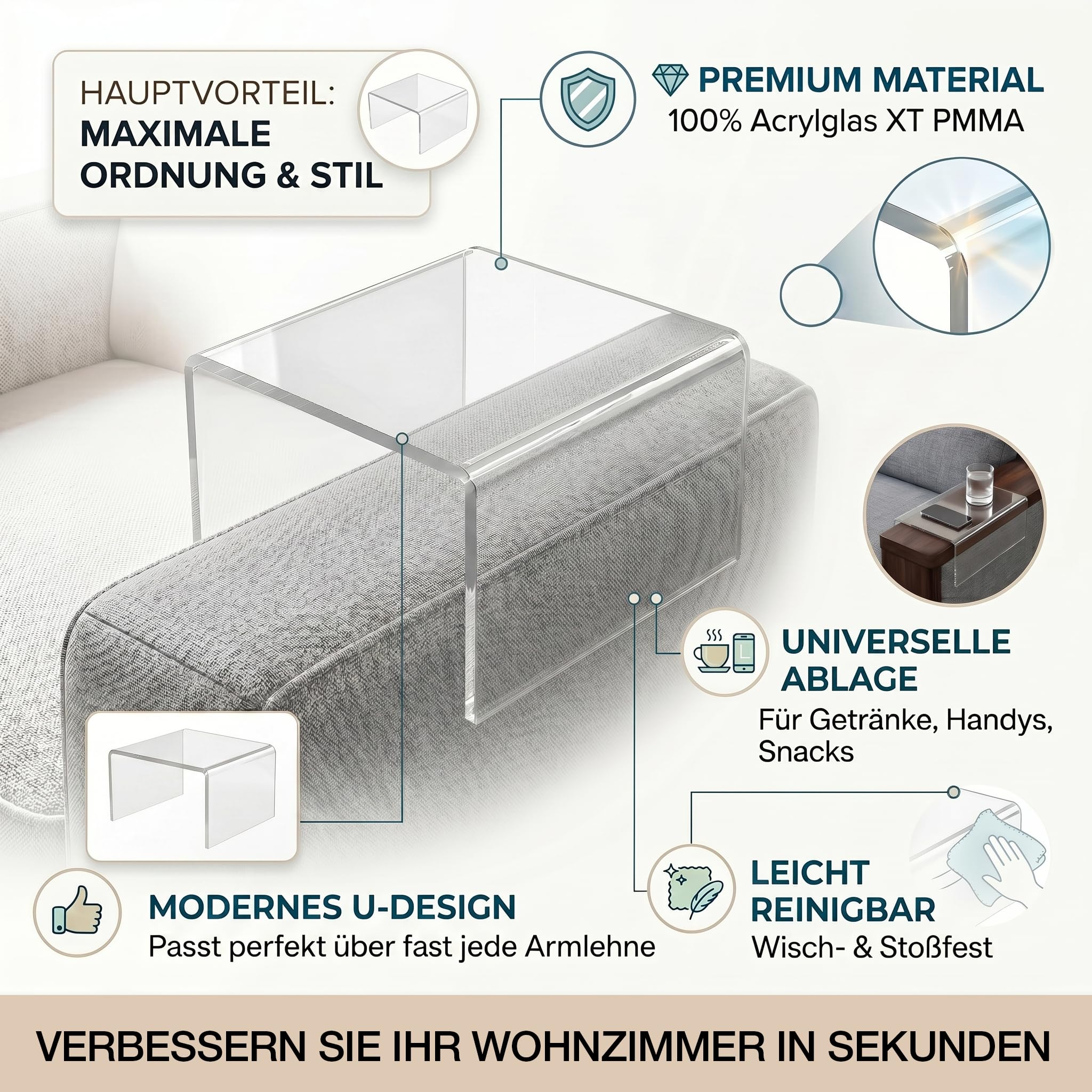 Armlehnenablage aus Acrylglas in 35 x 35 cm für modernes Wohnen. Elegantes Sofatablett, Couch, stabil und transparent | Armlehne Tablett