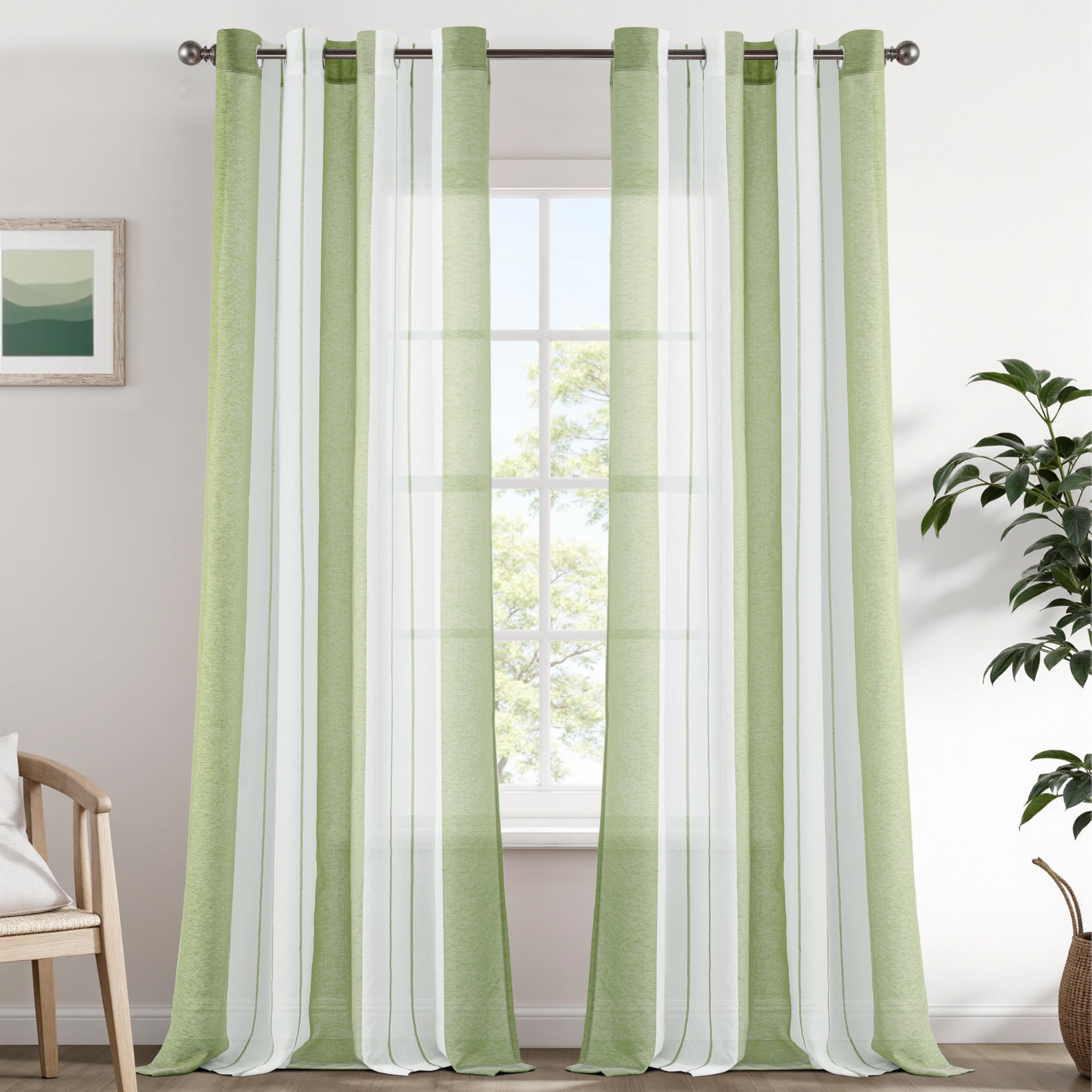EMEMA Gardinen Gestreift Transparent mit Ösen Voile Vorhänge Wohnzimmer Modern 2er Set Vorhang Schlafzimmer Transparent mit Muster Vorhang Halbtransparent Streifen
