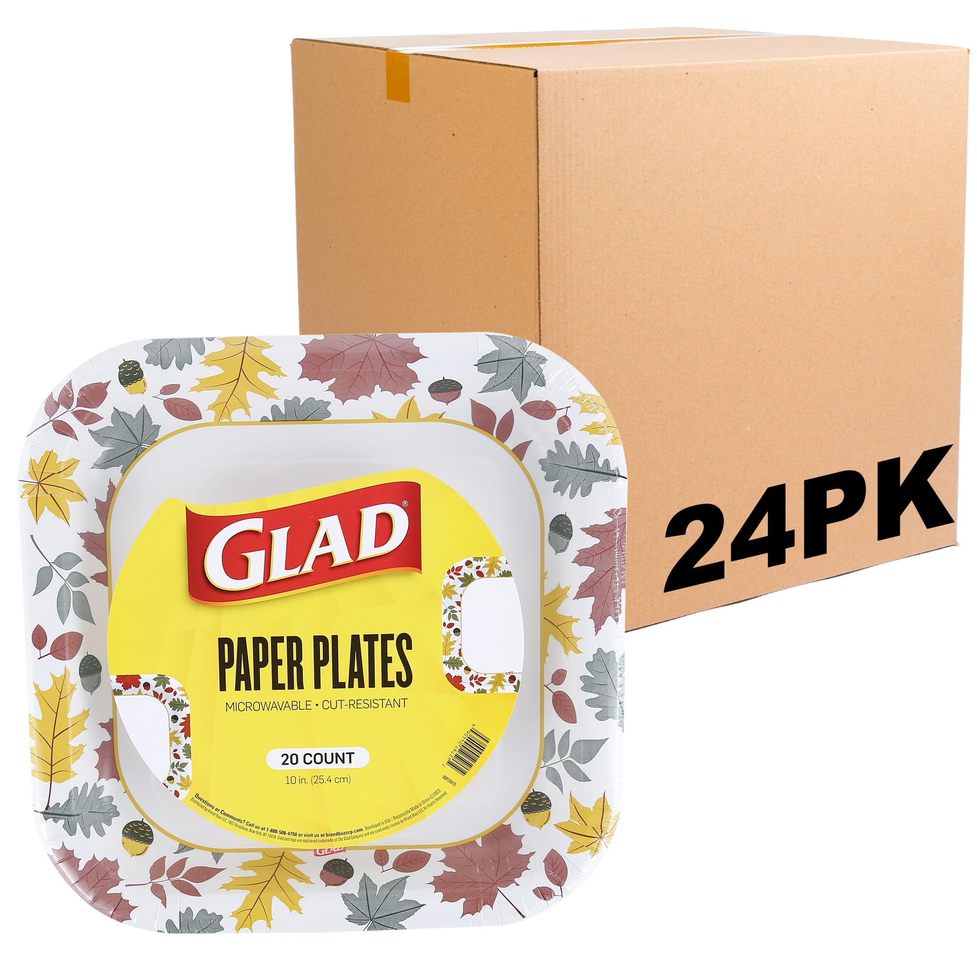 Glad Everyday Lot de 24 assiettes carrées jetables en carton avec motif feuillage tombant, résistantes aux coupes, passent au micro-ondes pour tous les aliments et un usage quotidien, 25,4 cm, 20