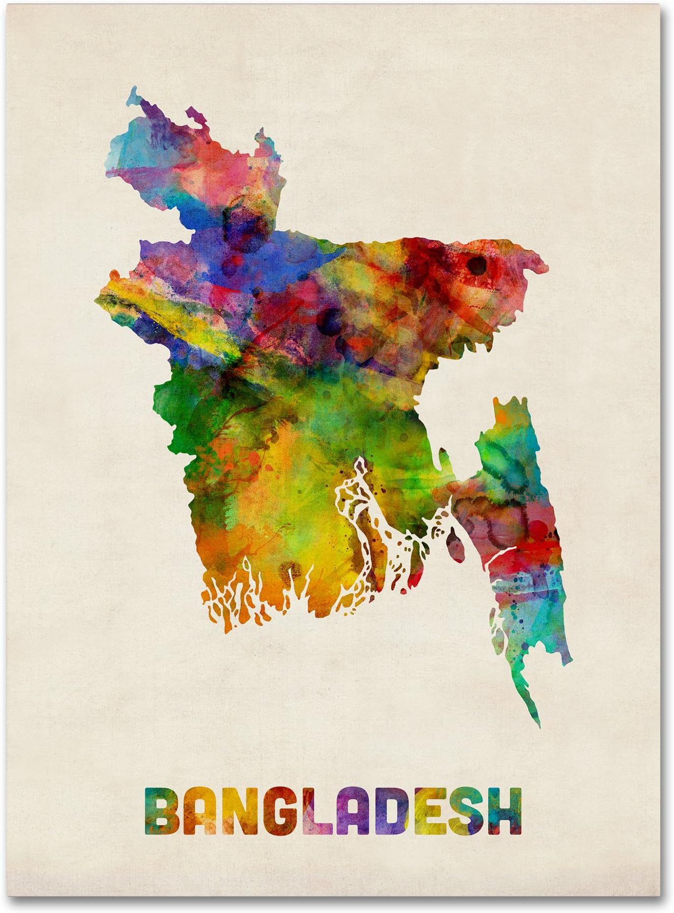 Michael Tompsettによる商標ファインアートバングラデシュ水彩地図、35x47インチ