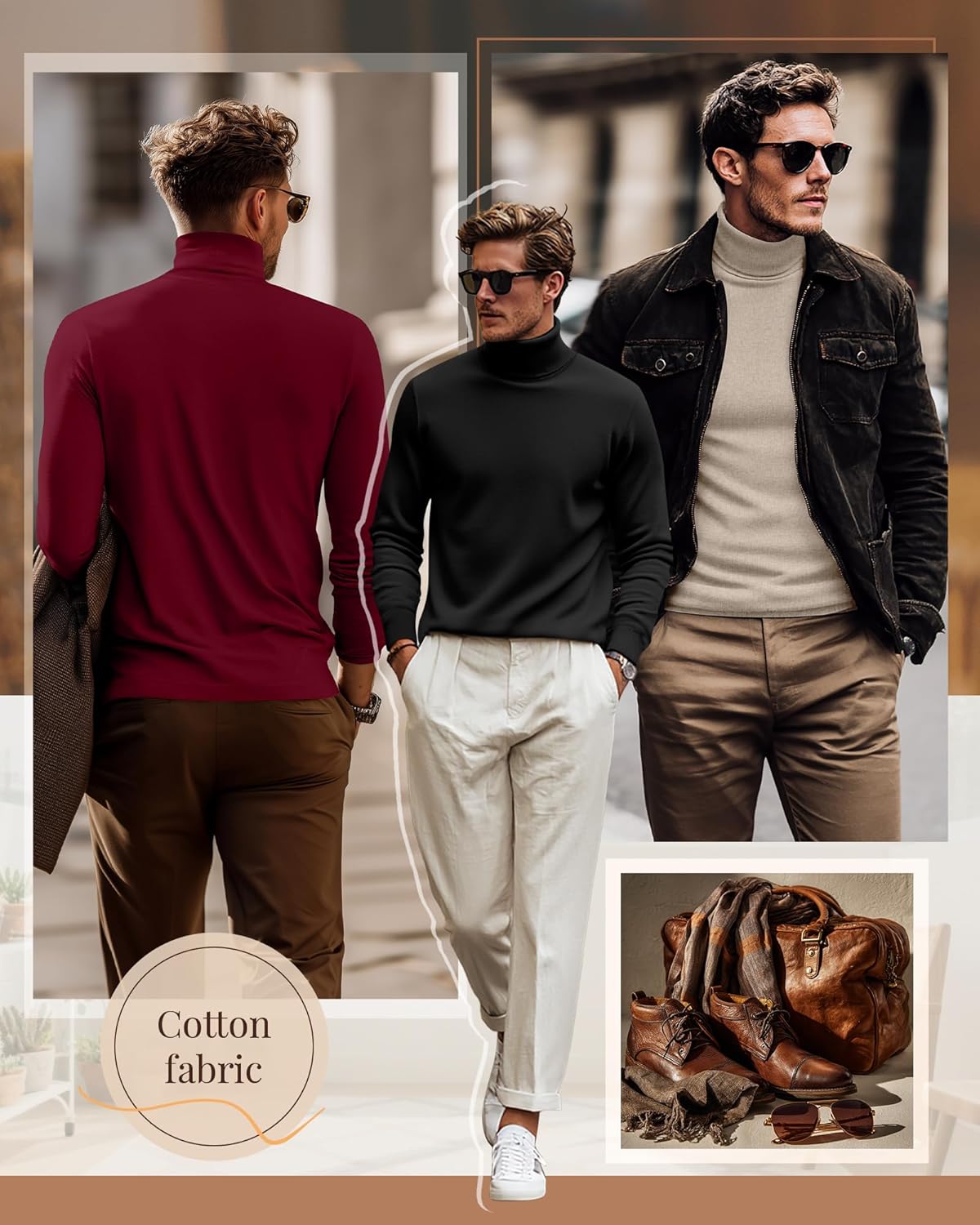 Ficerd 3 Pack Men's Turtleneck Shirts, Long Sleeve Cotton Pullover Sweaters Mock Neck Knitted T-Shirt Basic Slim Fit Tops - Image 3