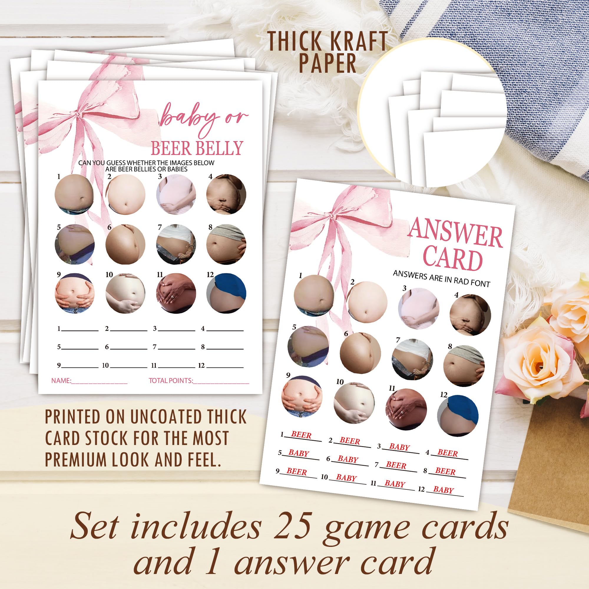 Karty do gier dla niemowląt lub piwa, baby shower, 25 neutralnych płci kart z 1 kartą odpowiedzi, różowy łuk, ujawnienie płci, zestaw akcesoriów imprezowych, dekoracje na baby shower (13 x 18