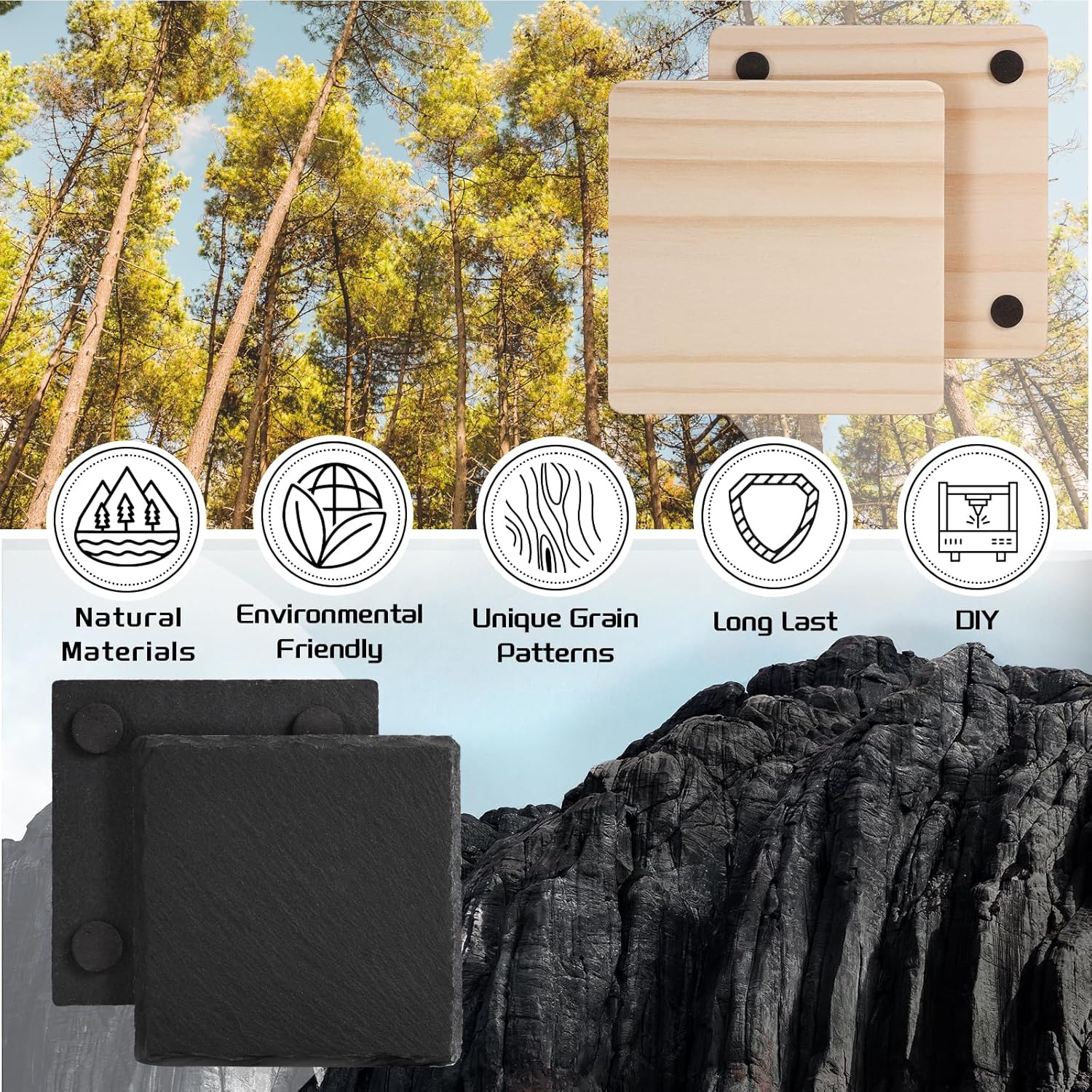 72 PCS Laser Engraving Coasters Blanks, MAPRIAL 4 Inch 36 PCS Black Slate Stone Drink Coaster Bulk, 36 PCS Wood Coasters, Engravable Materials for Engraver, Christmas, Wedding, Party, Crafts, Square - Image 9