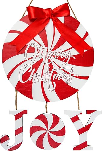 Letrero de Navidad para puerta delantera, caramelo de menta, decoración de puerta delantera, coronas colgantes de madera, color rojo y blanco,