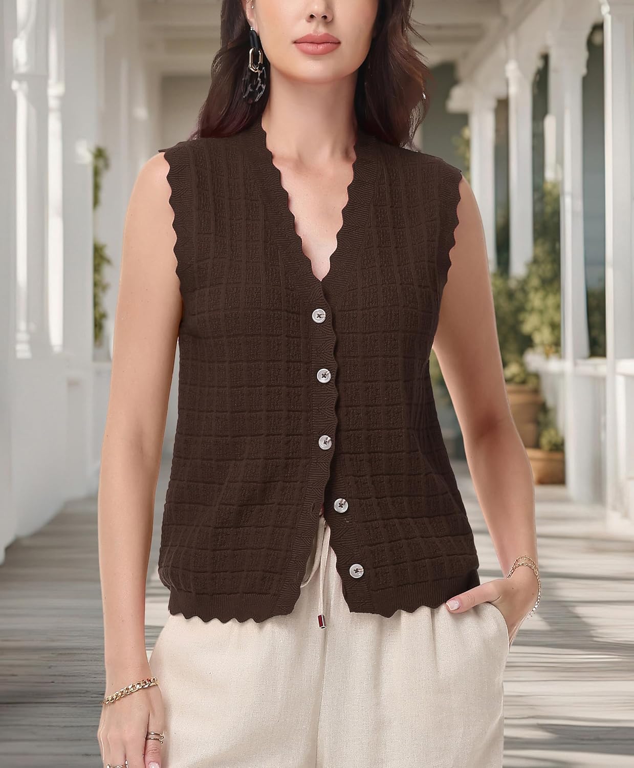 Trendy Sweater Vest Waffle Knit Top Vest V Neck Cardigan Sweater Casual Sleeveless Tops Cute Ruffle Vest - Image 4