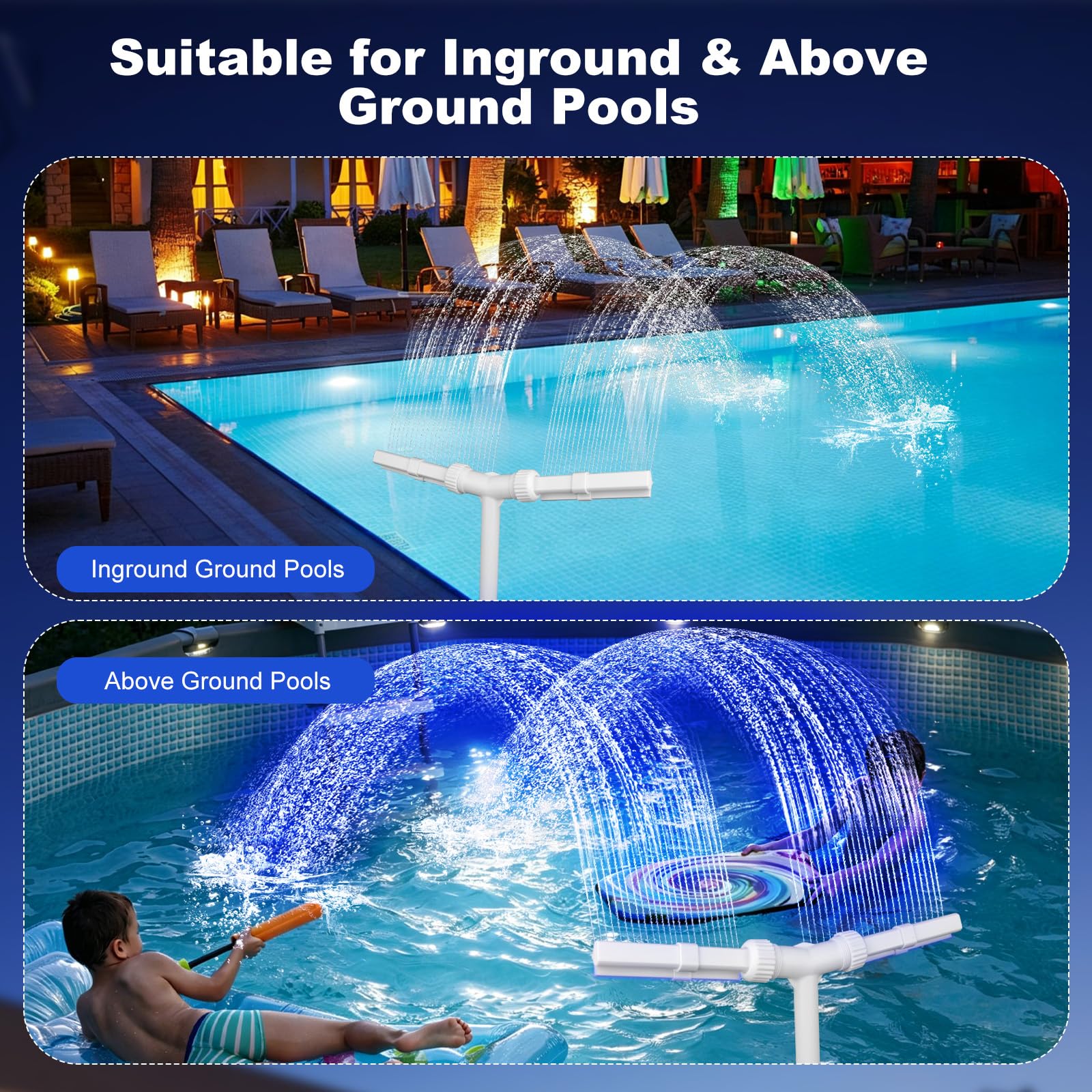 Fontana D'acqua a Doppio Spray Regolabile, Fontana d'Acqua a Doppio Spruzzo, Fontana per Piscina Fuori Terra Regolabile a 360° con luci LED a 9 Colori Ideale Per Rinfrescarsi E Rilassarsi