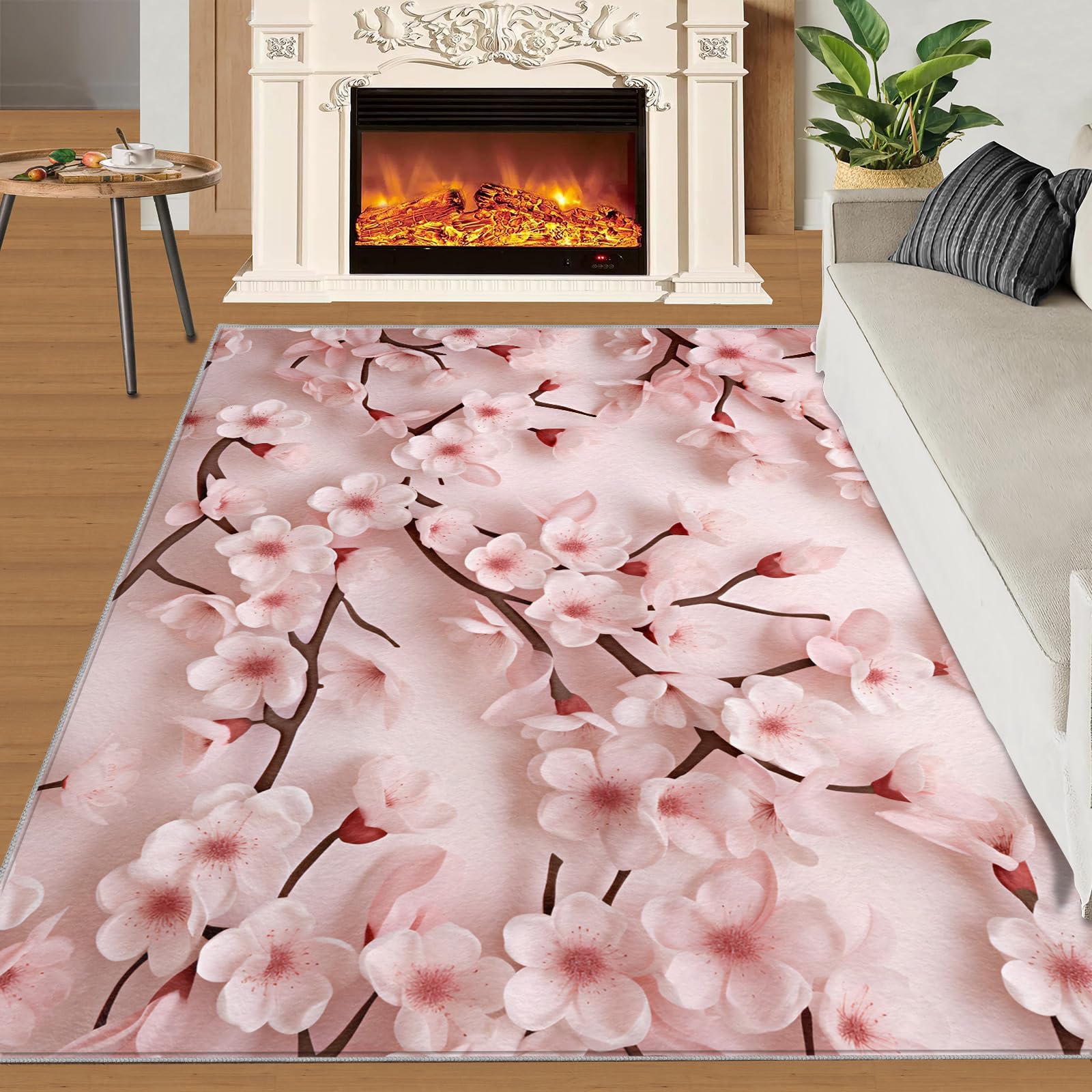 SANSJI Cherry Blossoms Rugs for Girls Bedroom 180x200 cm, Non-Slip Washable Women Pink Design Area Rug for Women, Soft Low-Pile Botanical Flowers Carpet, Japanese Style