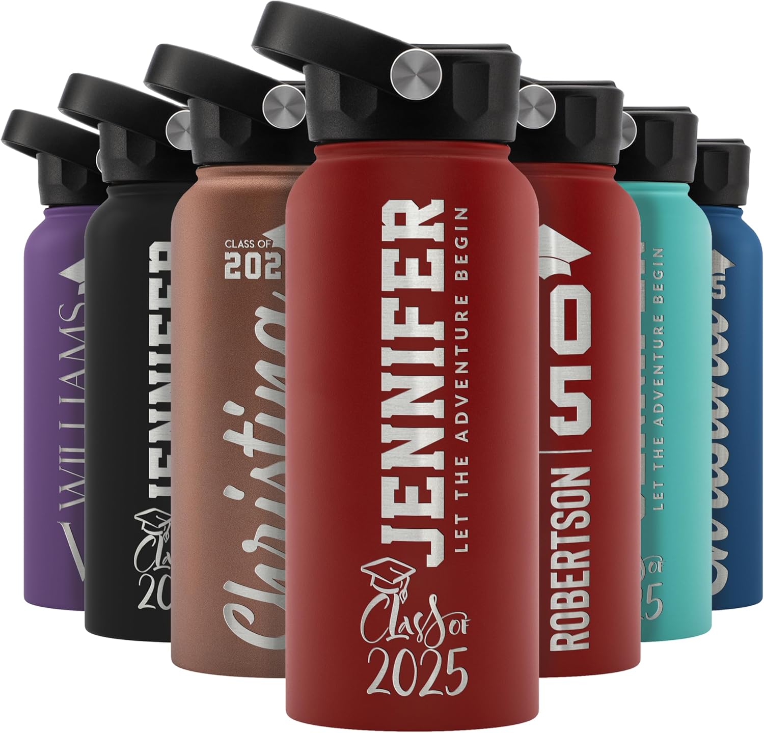 Graduation Gifts - Personalized Water Bottle w Straw Lid, Custom 6 Designs Water Bottle w Name | 24oz - Black | Double Wall, Vacuum Insulated, Class of 2025, High School, College Gifts