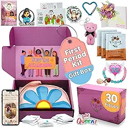 The Bloom Kit de primeira menstruação para meninas 9-10-12-14 para escola, kit menstrual para iniciantes para adolescentes inclui saco de armazenamento de guardanapo sanitário, almofadas, lenços,