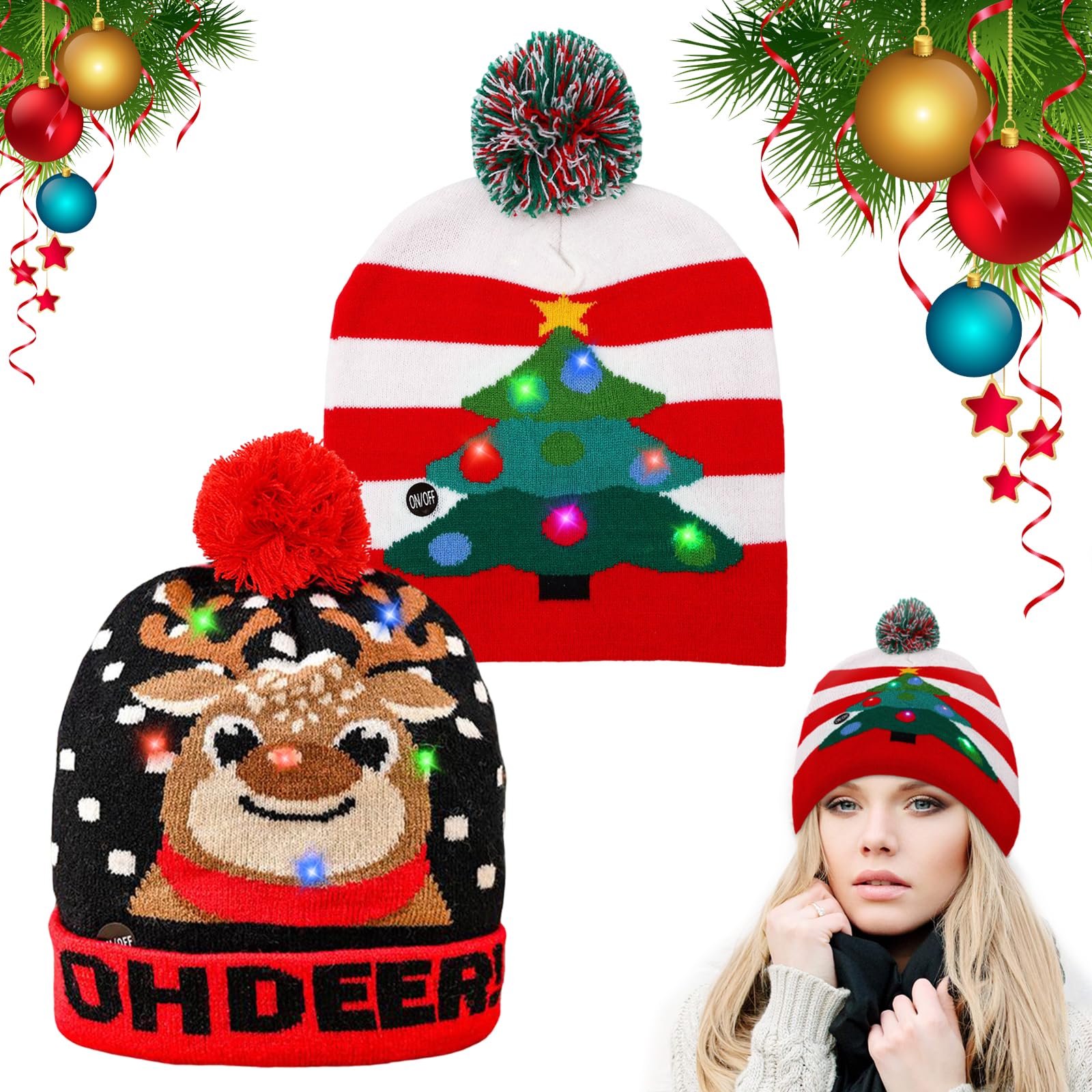PlsMupn 2 pezzi cappello di Natale a LED, cappello lavorato a maglia con luci a LED per bambini, berretto di Natale per adulti unisex, cappelli per feste invernali e vacanze di Natal