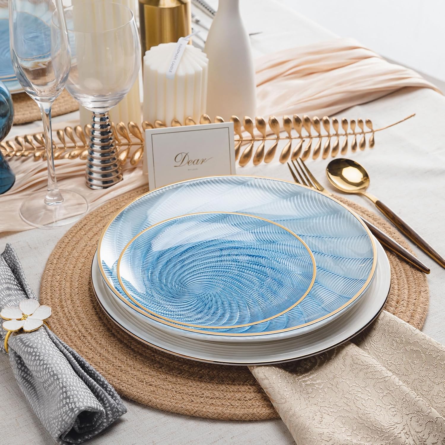 N9R 60PCS Blue Plastic Plates for Party, Heavy Duty Disposable Plate with Gold Rim, Elegant Spiral Design 30 Dinner & 30 Dessert Plates for Wedding, Baby Shower, Birthday(Translucent Blue) - Image 5