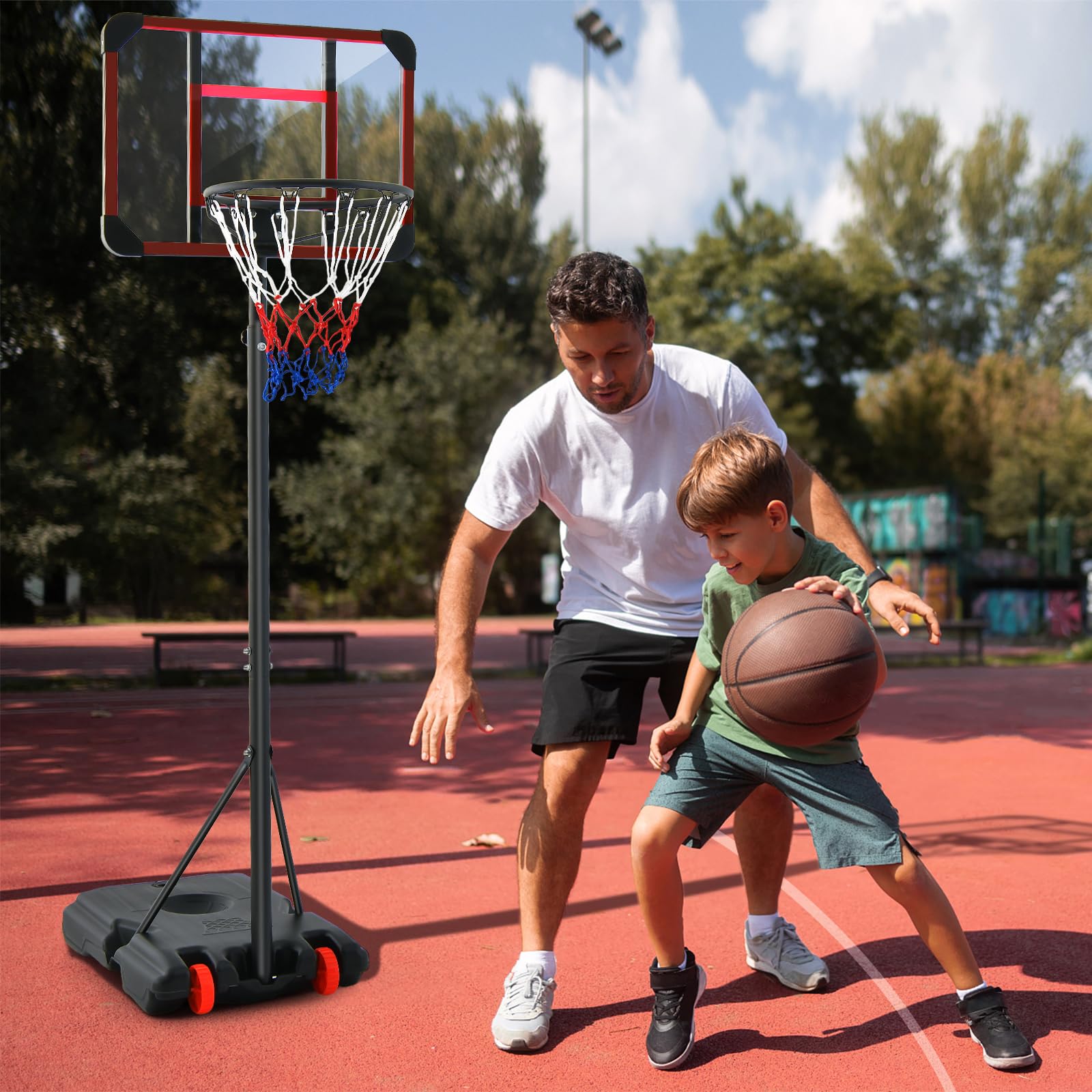 COSTWAY Canasta de Baloncesto Altura Ajustable 193-248 cm Rellenable de Arena y Agua Móvil con Ruedas Portátil PC Interior Exterior