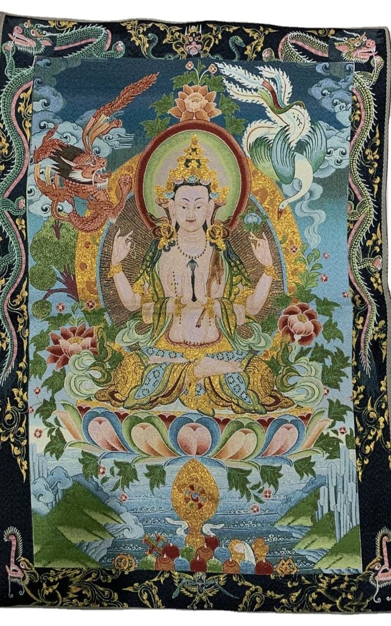 Thangka Silk Embroidey Tibetan Buddhism Dragon Phoenix Four Arms Guanyin Tangka Fengshui Wall Hanging Wall Hanging for Home Decor Meditation