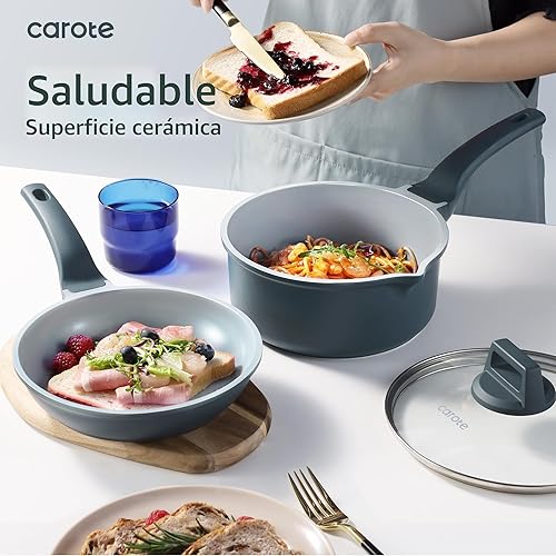Miniatura 6 de CAROTE Juego de 14 piezas de utensilios de cocina de cerámica, juego de ollas y sartenes antiadherentes con revestimiento cerámico, juegos de cocina