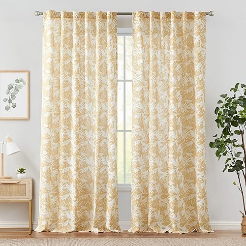 jinchan Cortinas de lino para sala de estar, cortinas amarillas de 84 pulgadas de largo, con estampado de hojas, bolsillo para barra, pestañas