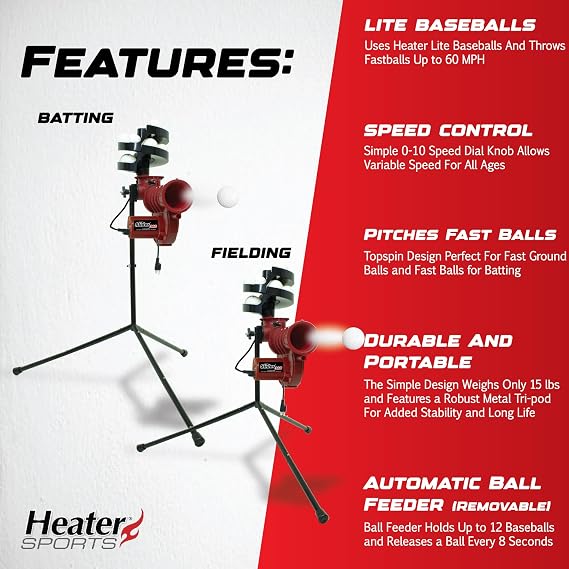 Heater Sports Slider Lite 360 Baseball Pitching Machine with Automatic Ball Feeder - Accurate 360-Degree Delivery, Durable and Portable Training Tool for All Ages